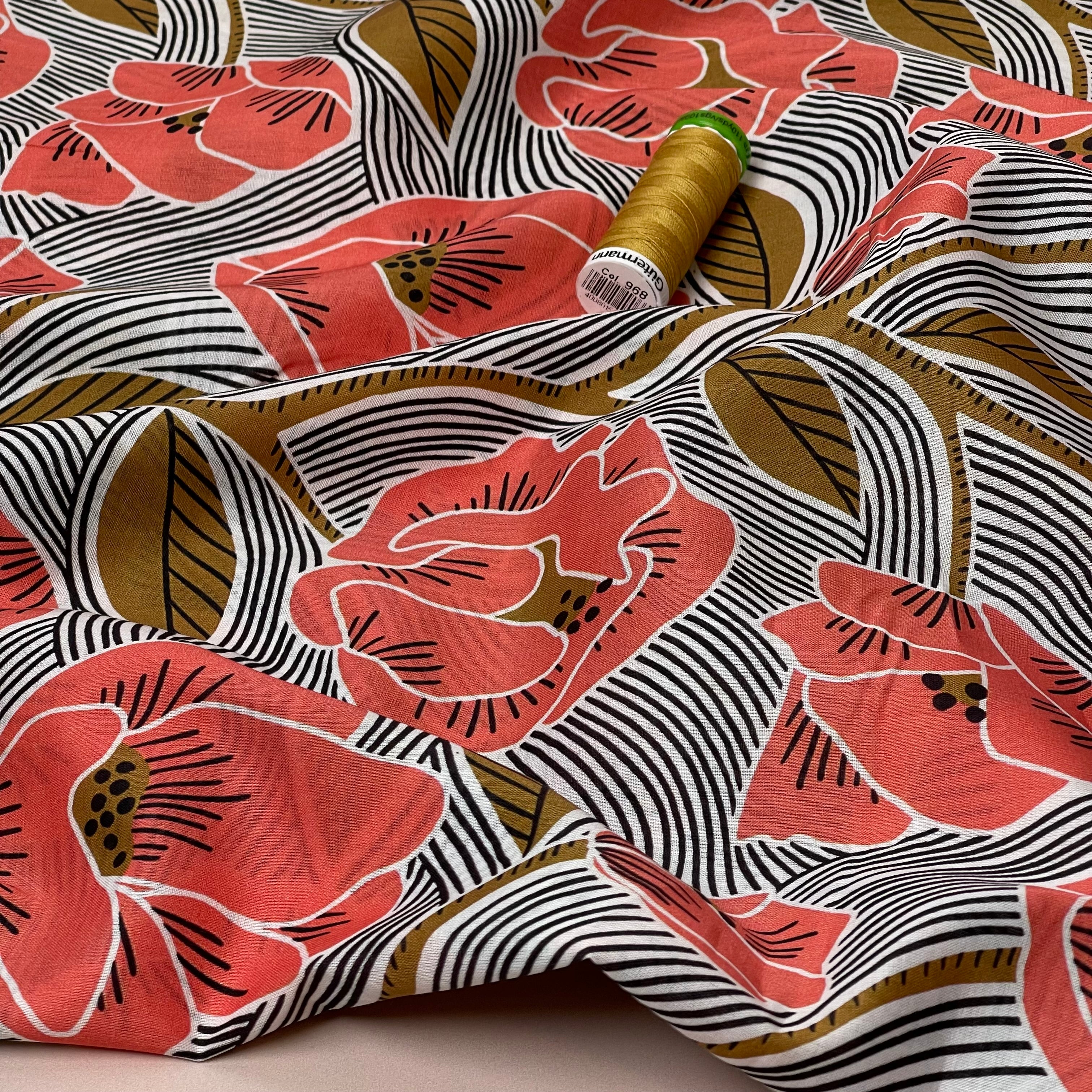 Sketched Poppies Cotton Voile Fabric