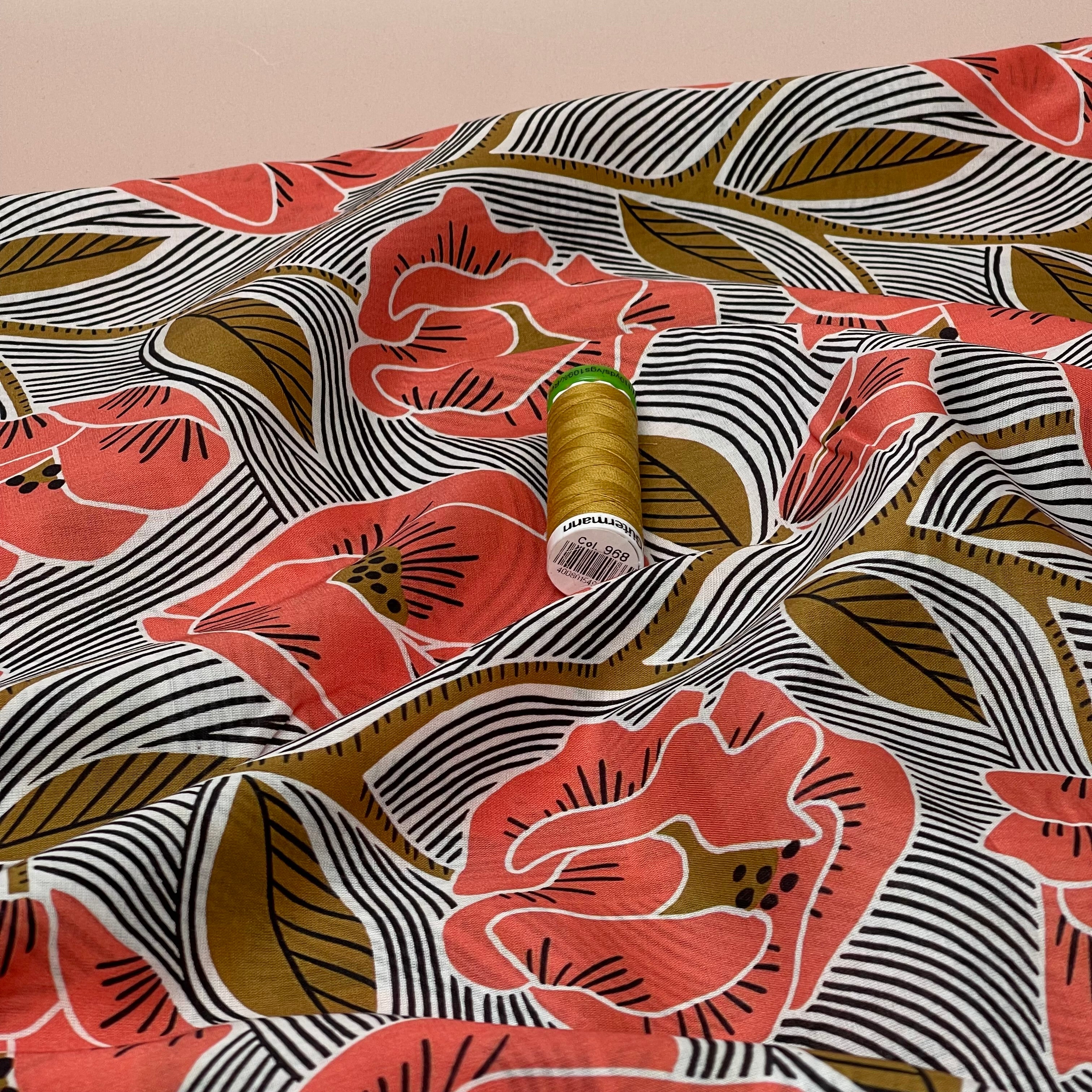 Sketched Poppies Cotton Voile Fabric