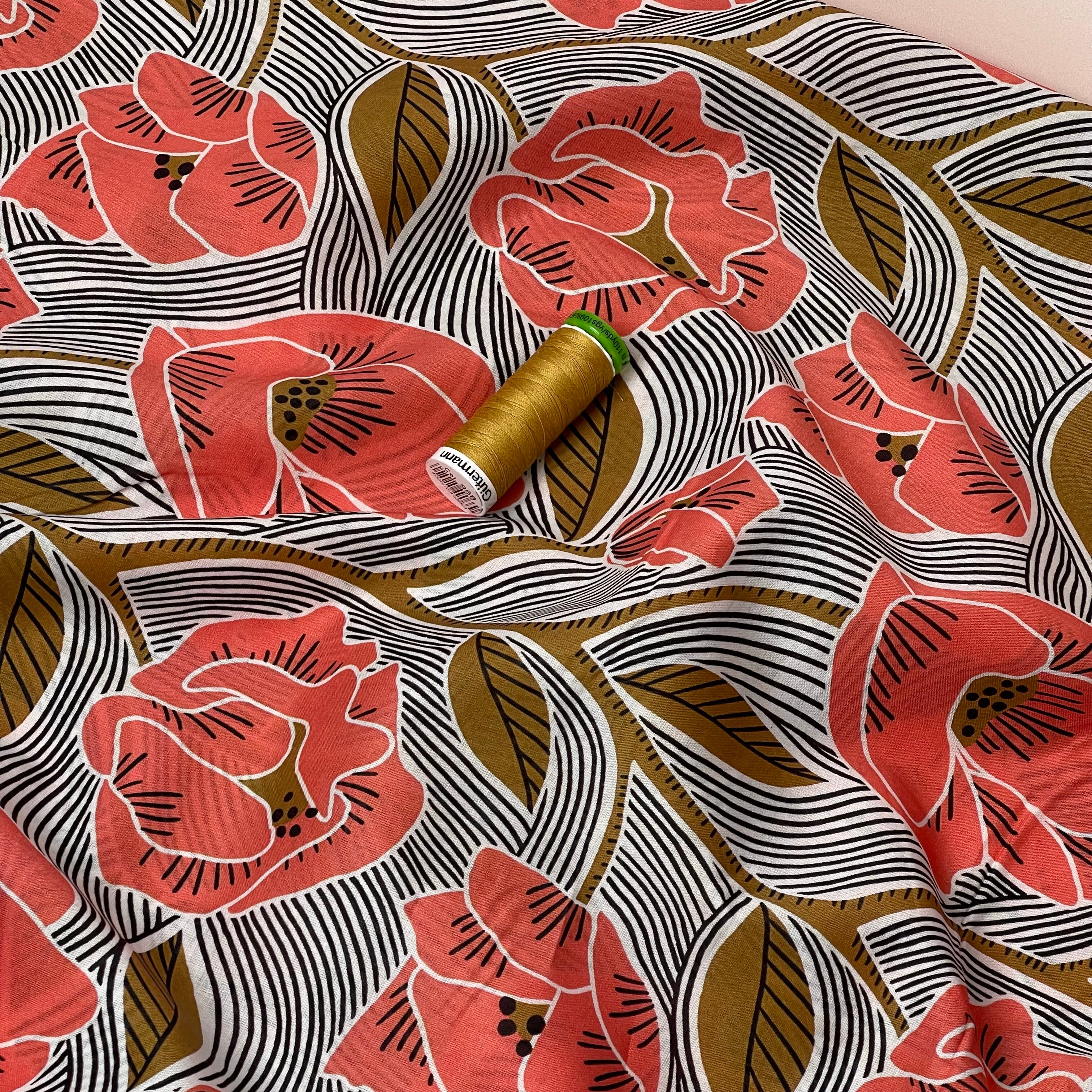 Sketched Poppies Cotton Voile Fabric