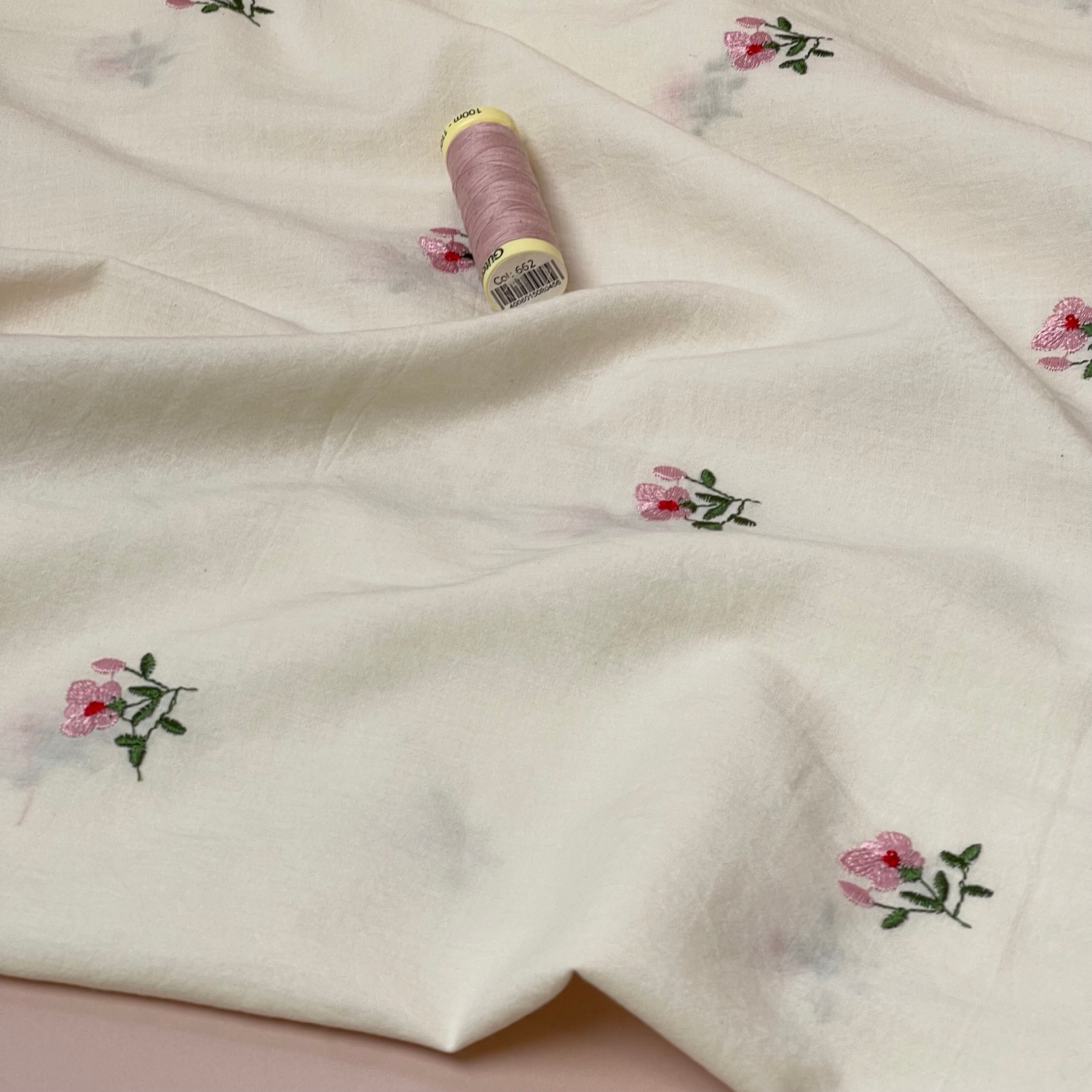 Embroidered Pink Flowers on White Cotton Fabric