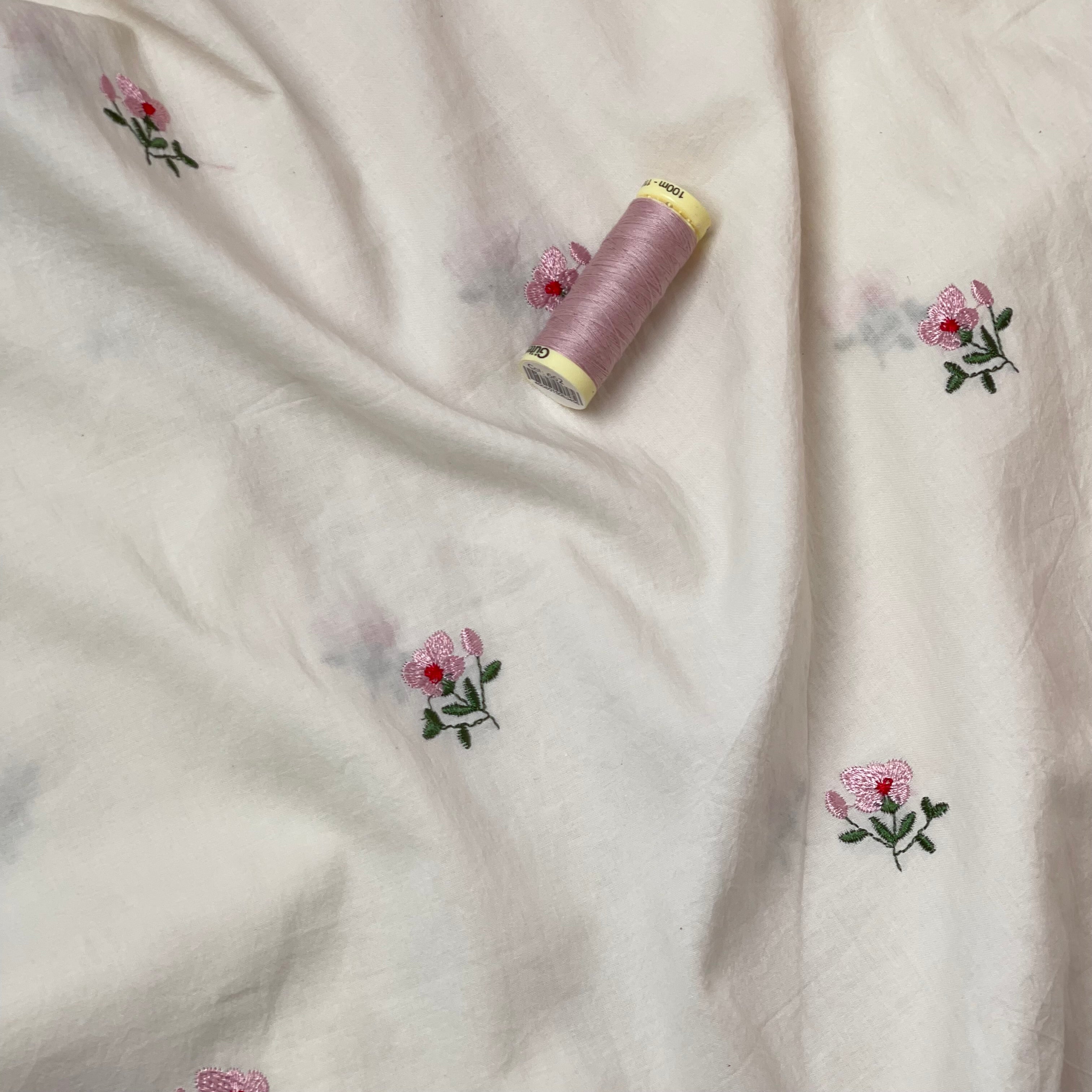 Embroidered Pink Flowers on White Cotton Fabric