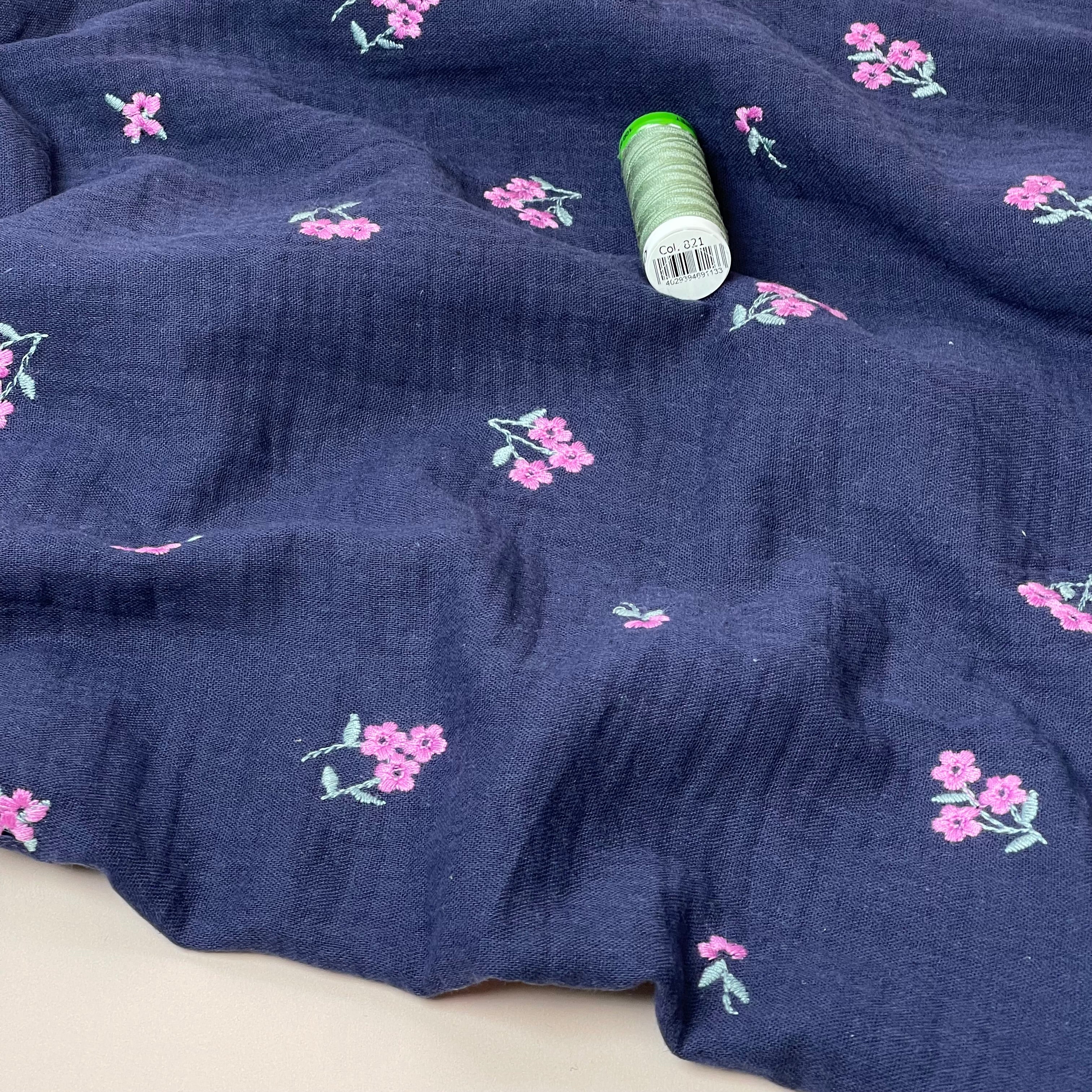 Embroidered Pink Flowers on Navy Cotton Double Gauze
