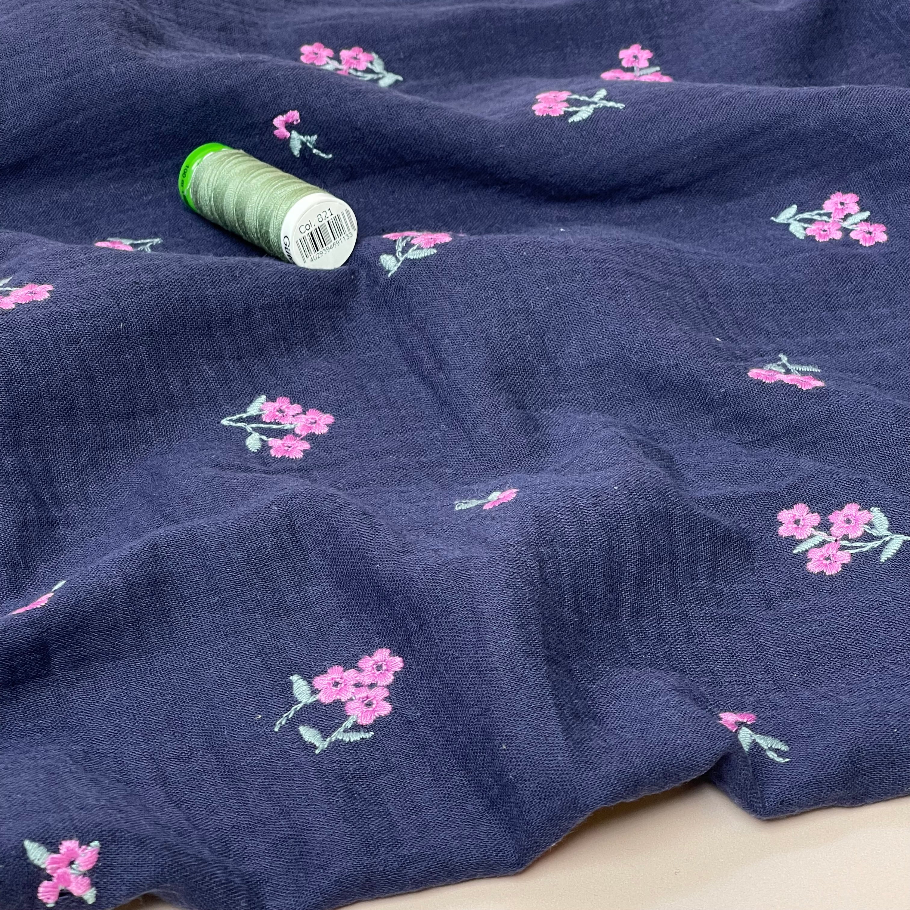 Embroidered Pink Flowers on Navy Cotton Double Gauze