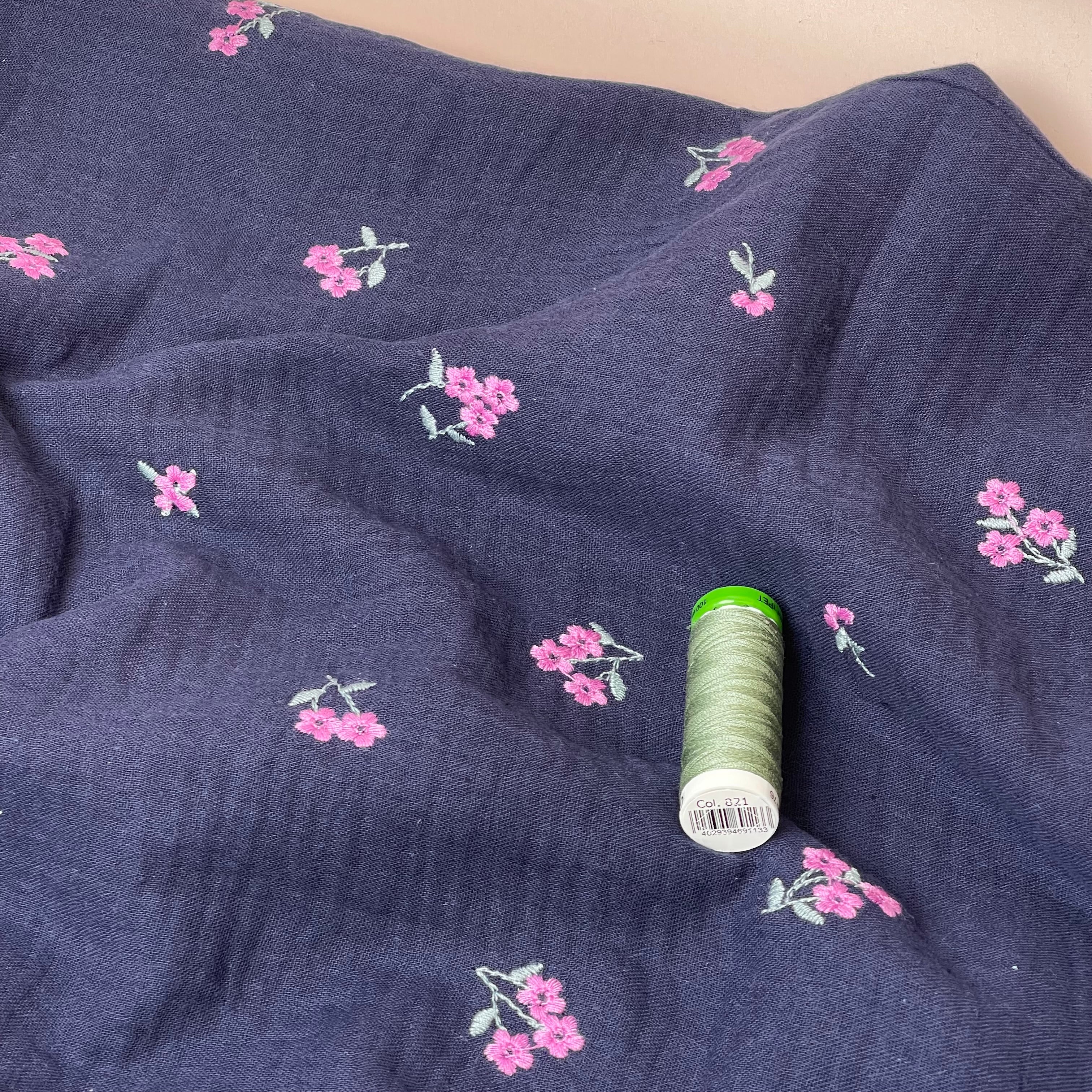 Embroidered Pink Flowers on Navy Cotton Double Gauze