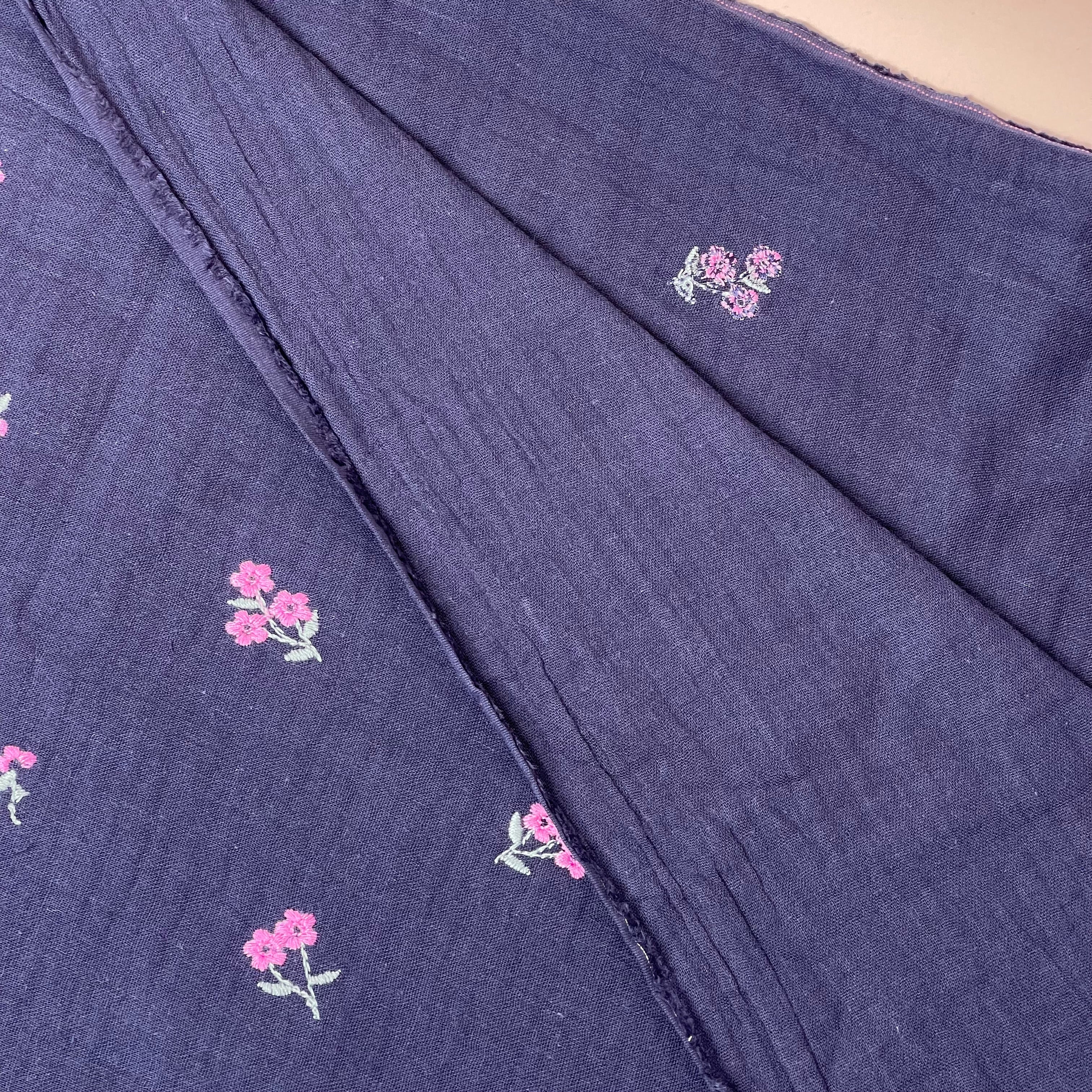 Embroidered Pink Flowers on Navy Cotton Double Gauze