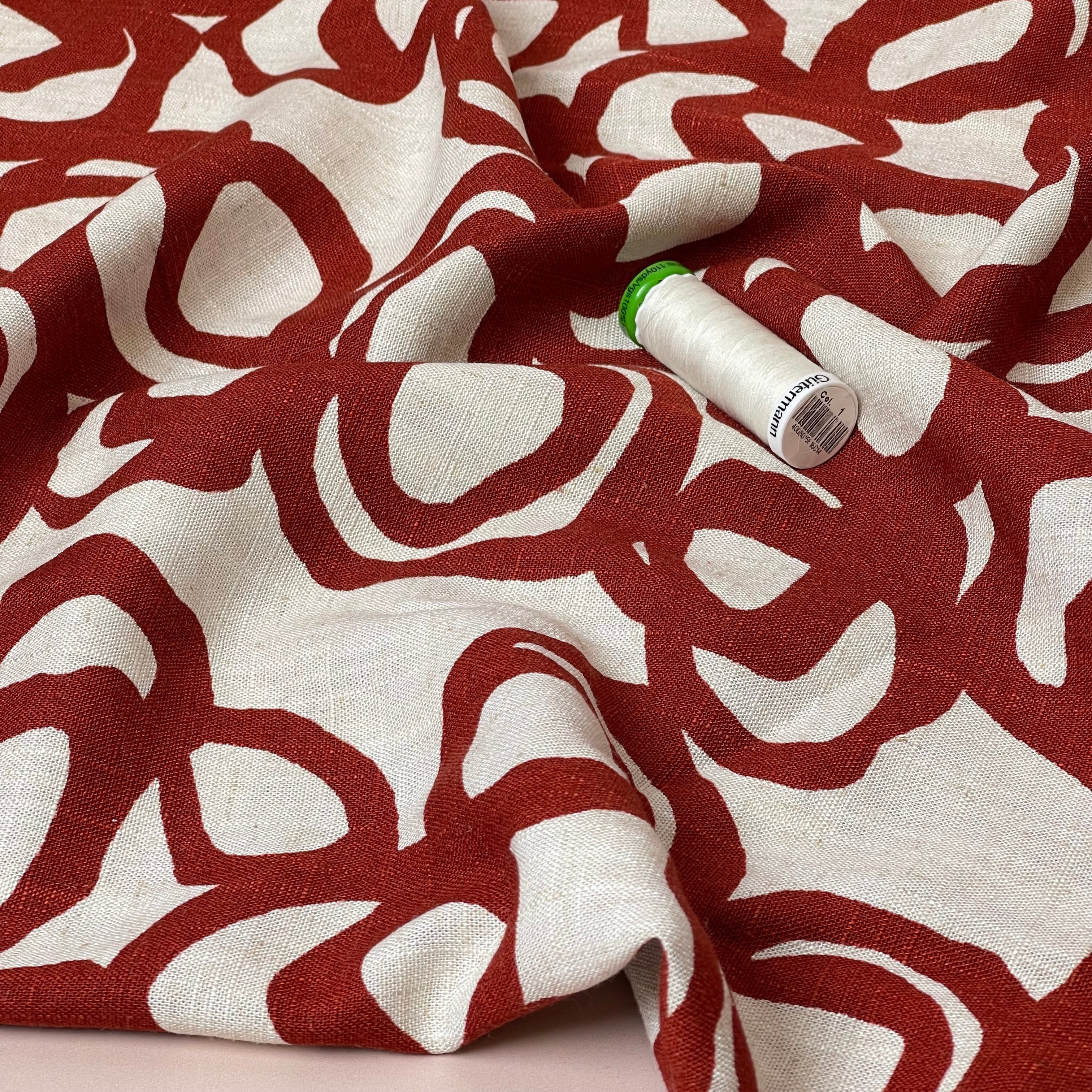 Swirls Brick Red on Neutral Viscose Linen Fabric