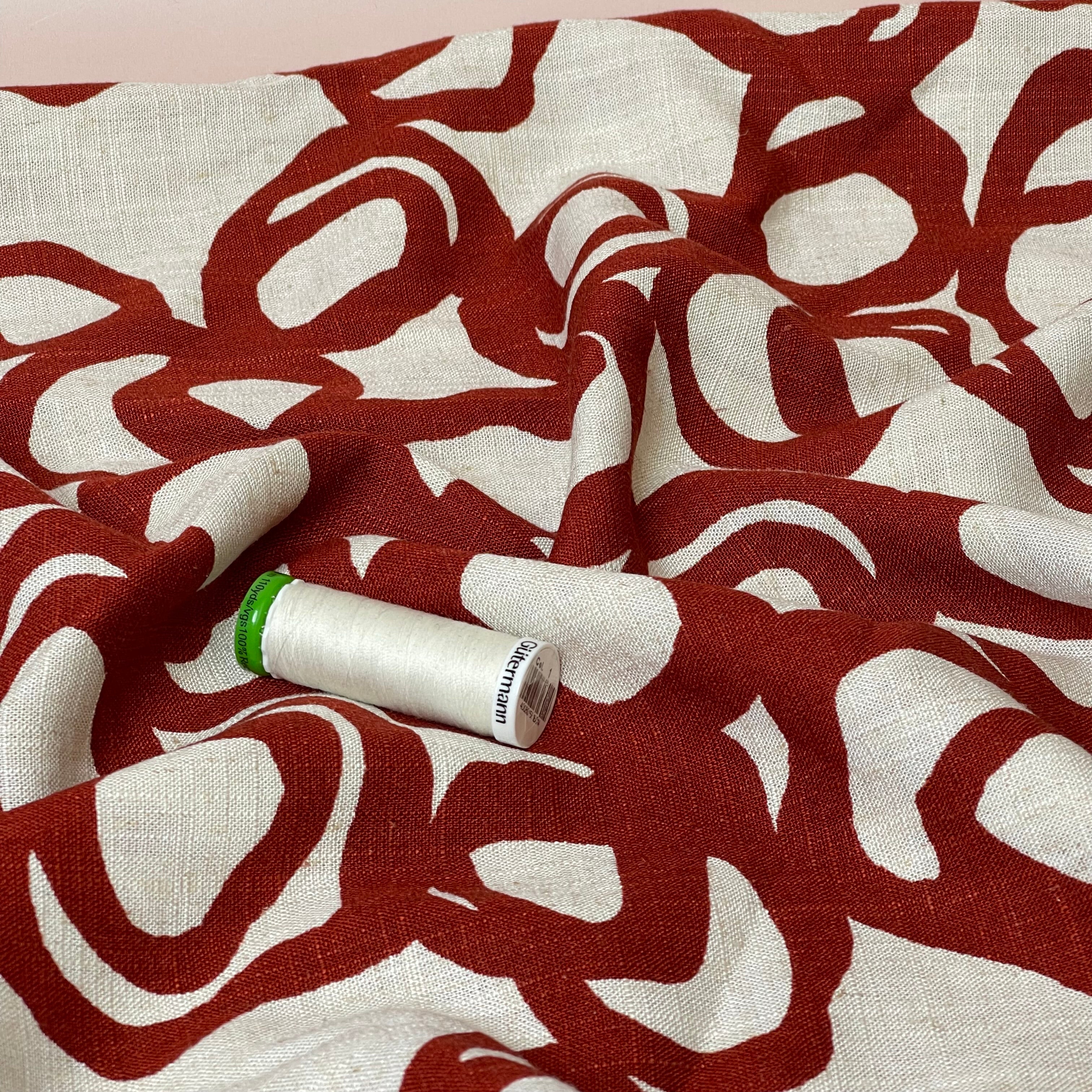 Swirls Brick Red on Neutral Viscose Linen Fabric