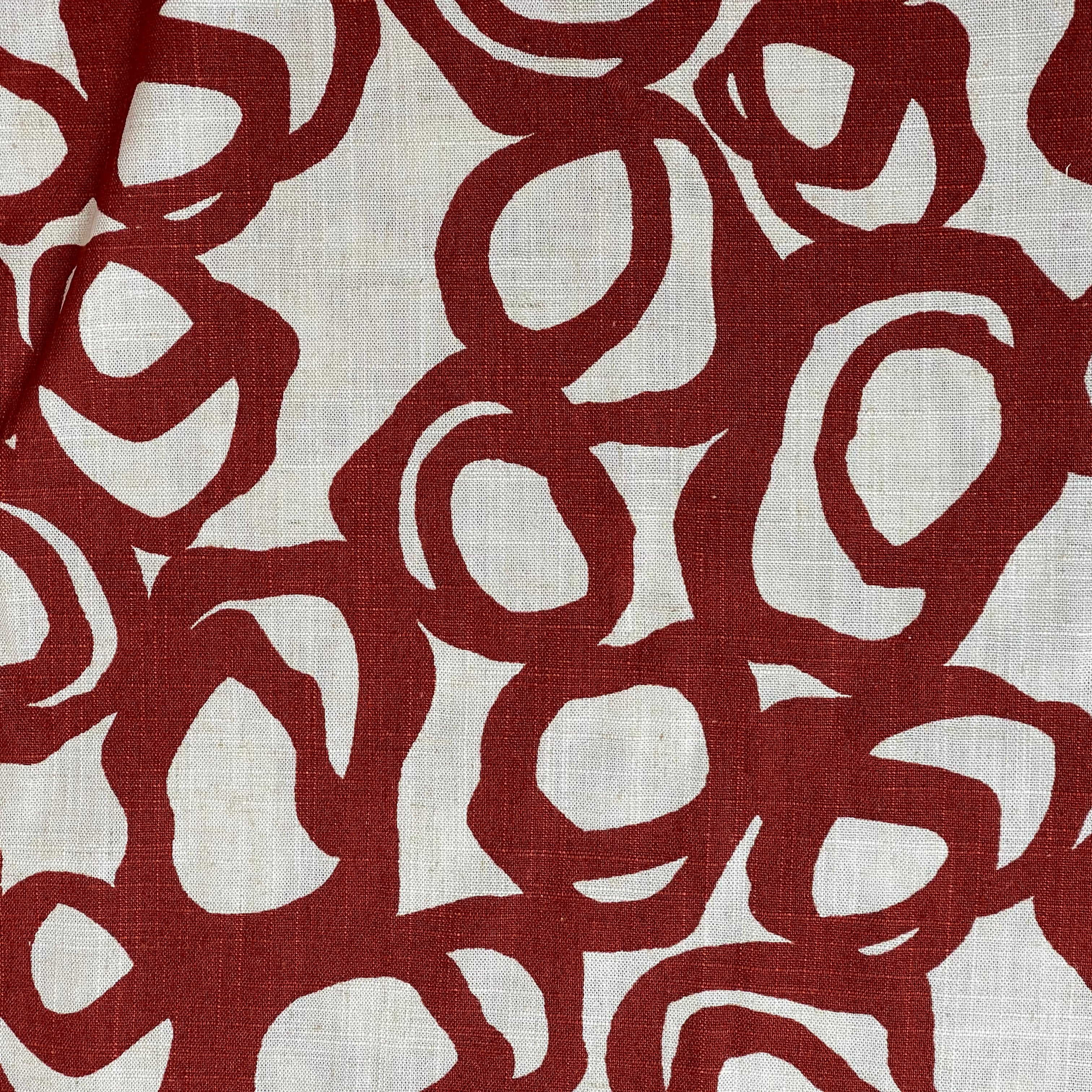 Swirls Brick Red on Neutral Viscose Linen Fabric