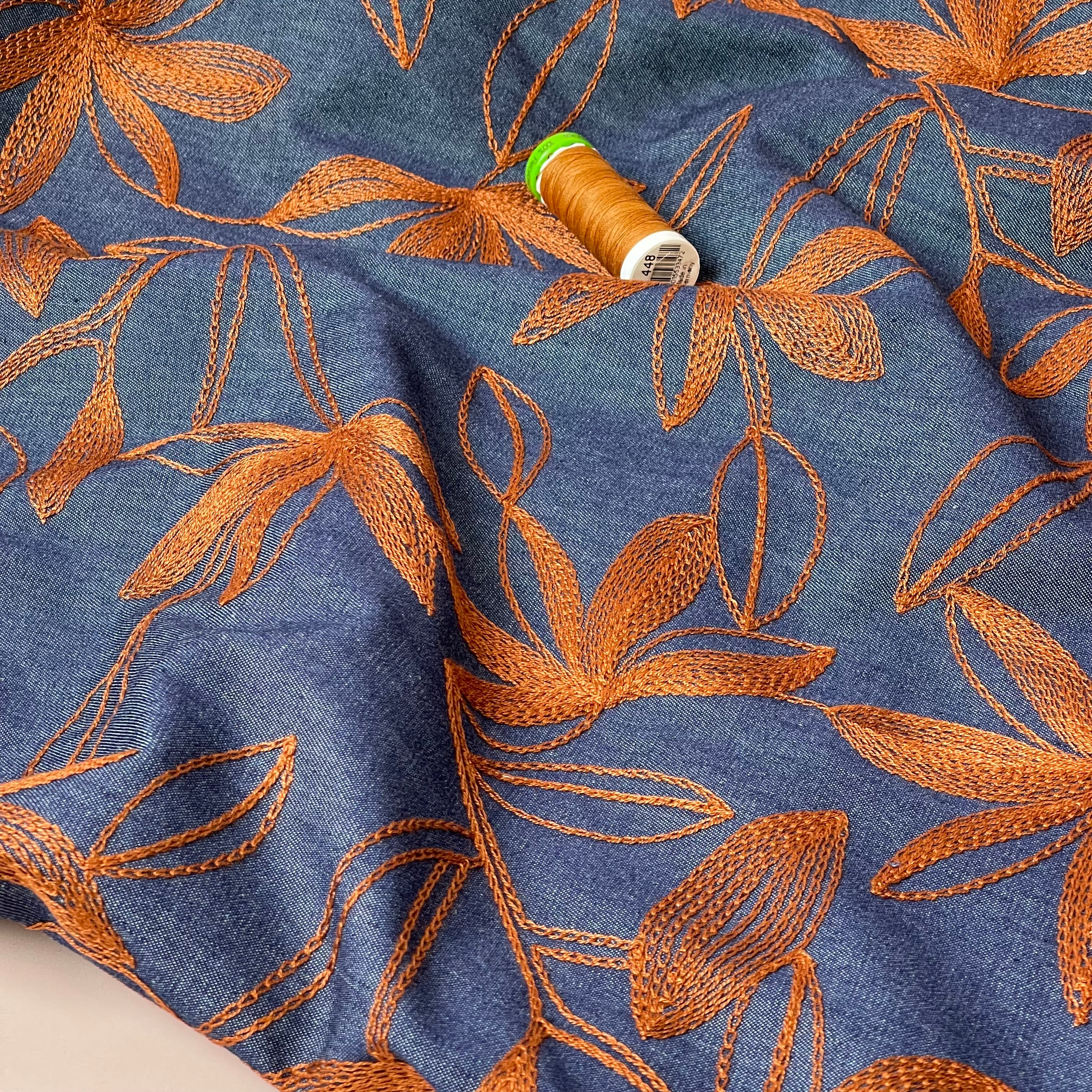 Denim with Camel Embroidered Flowers Cotton Fabric