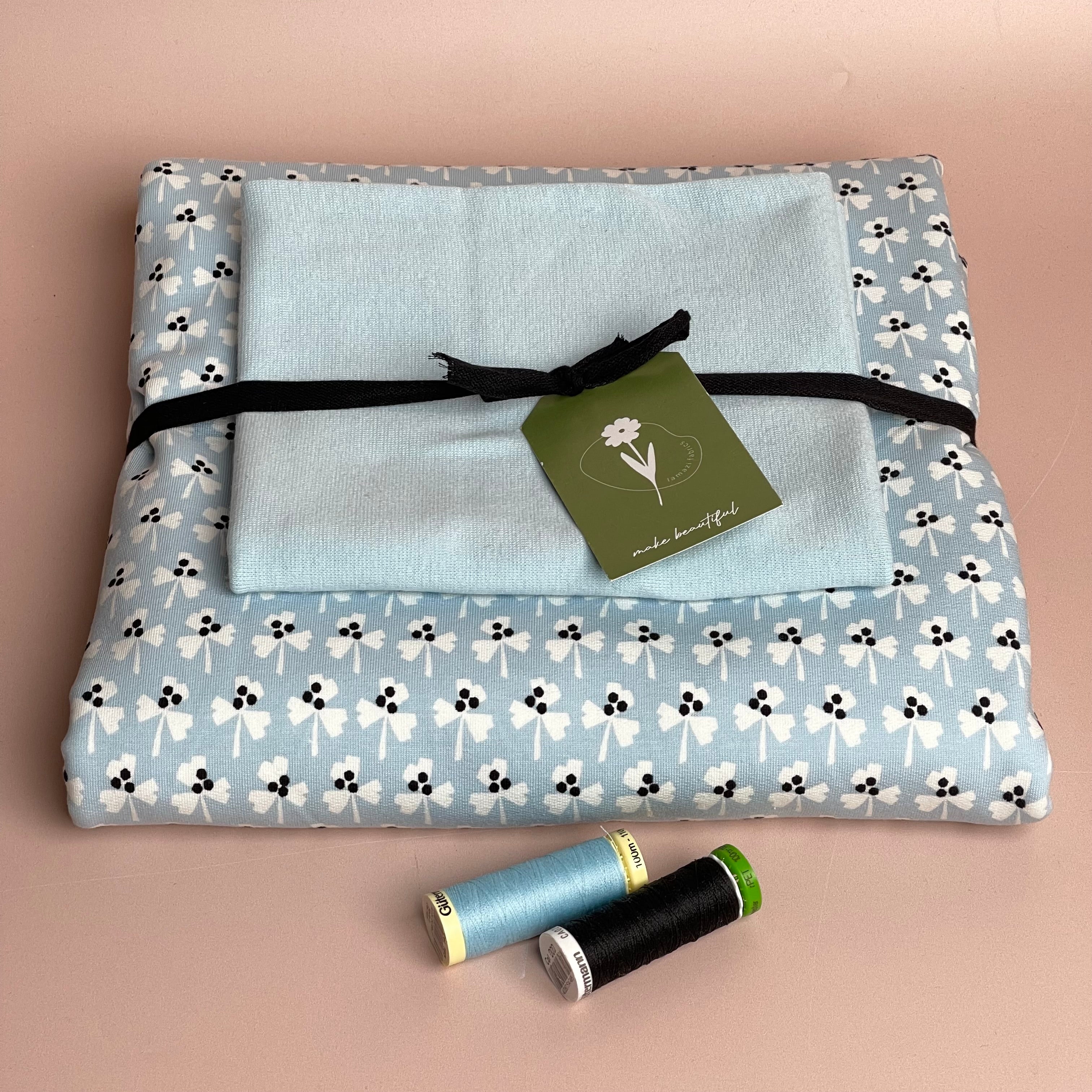 Colour Bundles - Monochrome Flowers Green & Blue Cotton French Terry and Ribbing