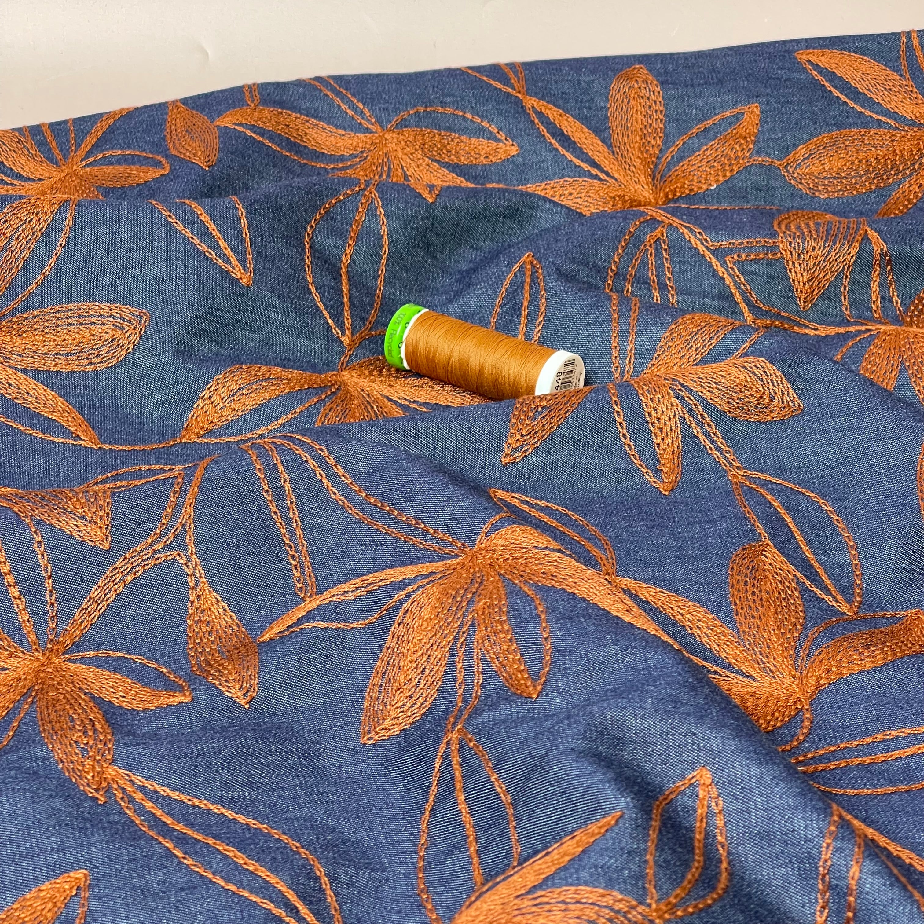 Denim with Camel Embroidered Flowers Cotton Fabric