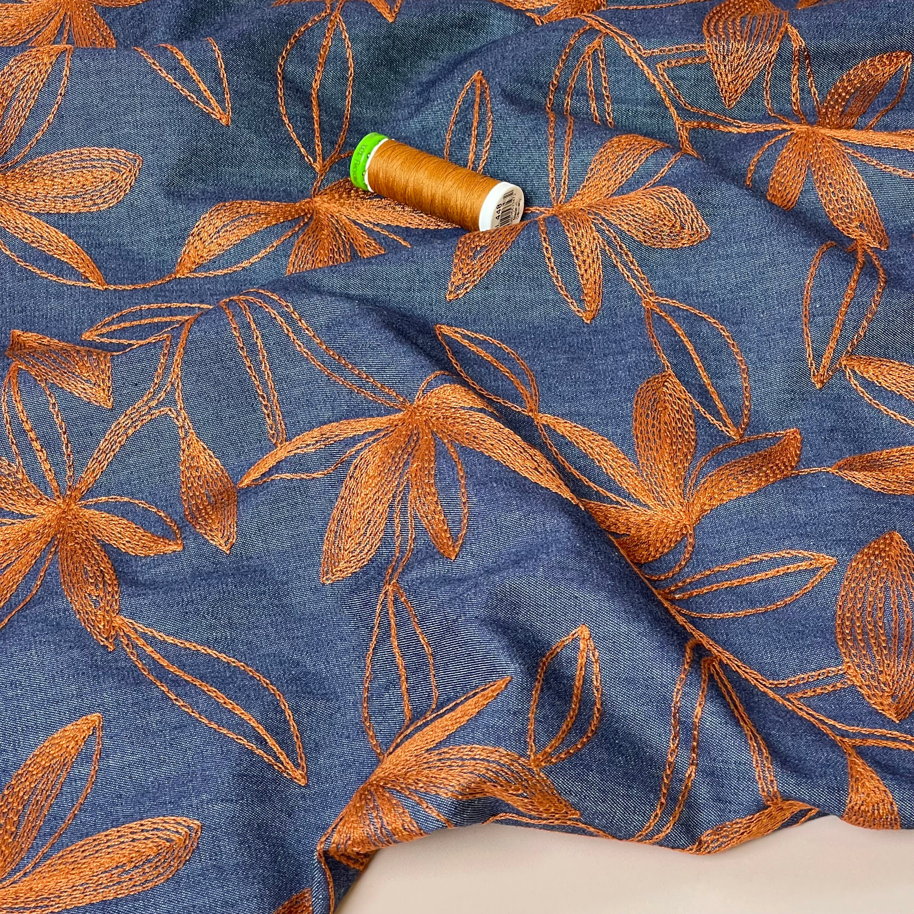 Denim with Camel Embroidered Flowers Cotton Fabric