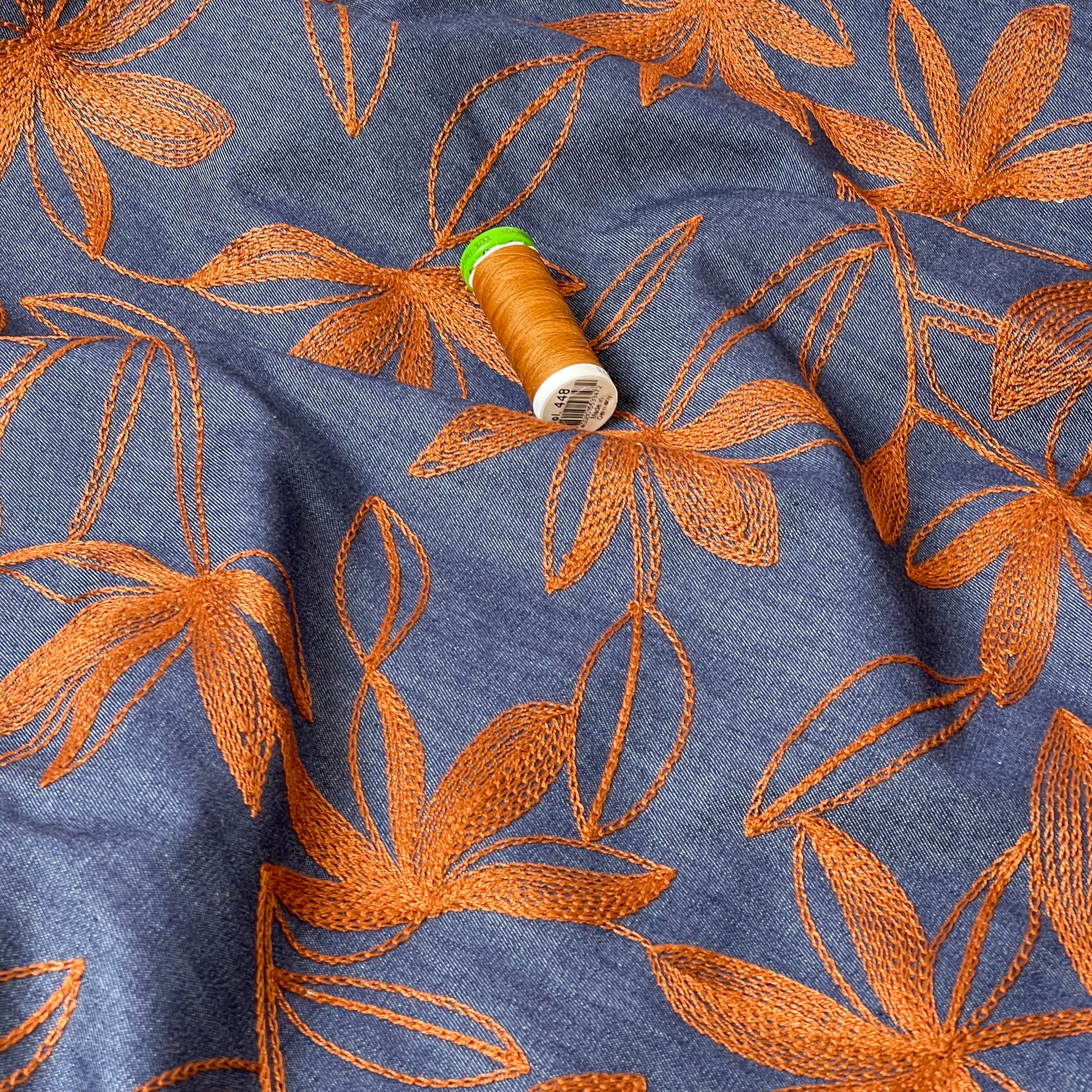 Denim with Camel Embroidered Flowers Cotton Fabric
