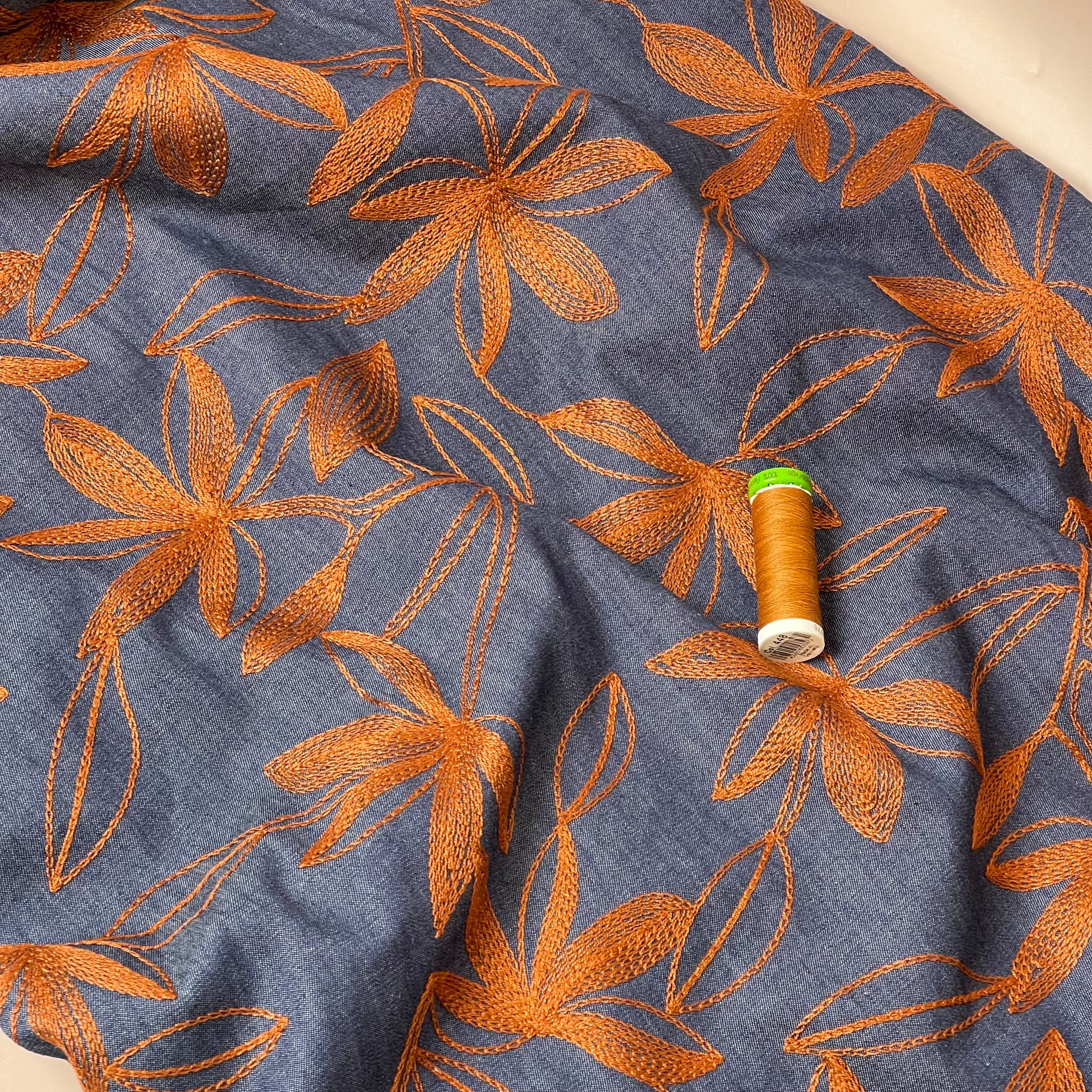 Denim with Camel Embroidered Flowers Cotton Fabric