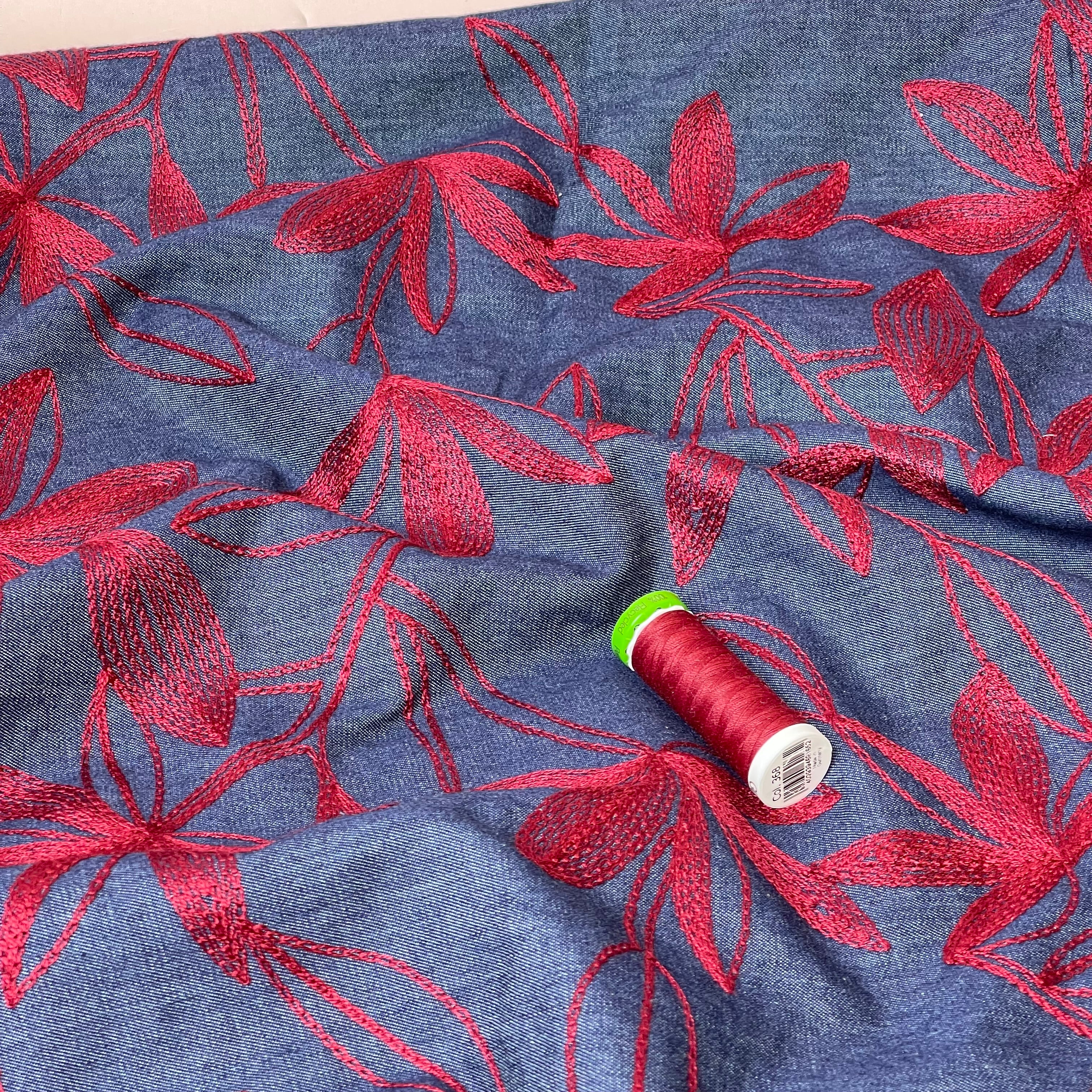 Denim with Burgundy Embroidered Flowers Cotton Fabric
