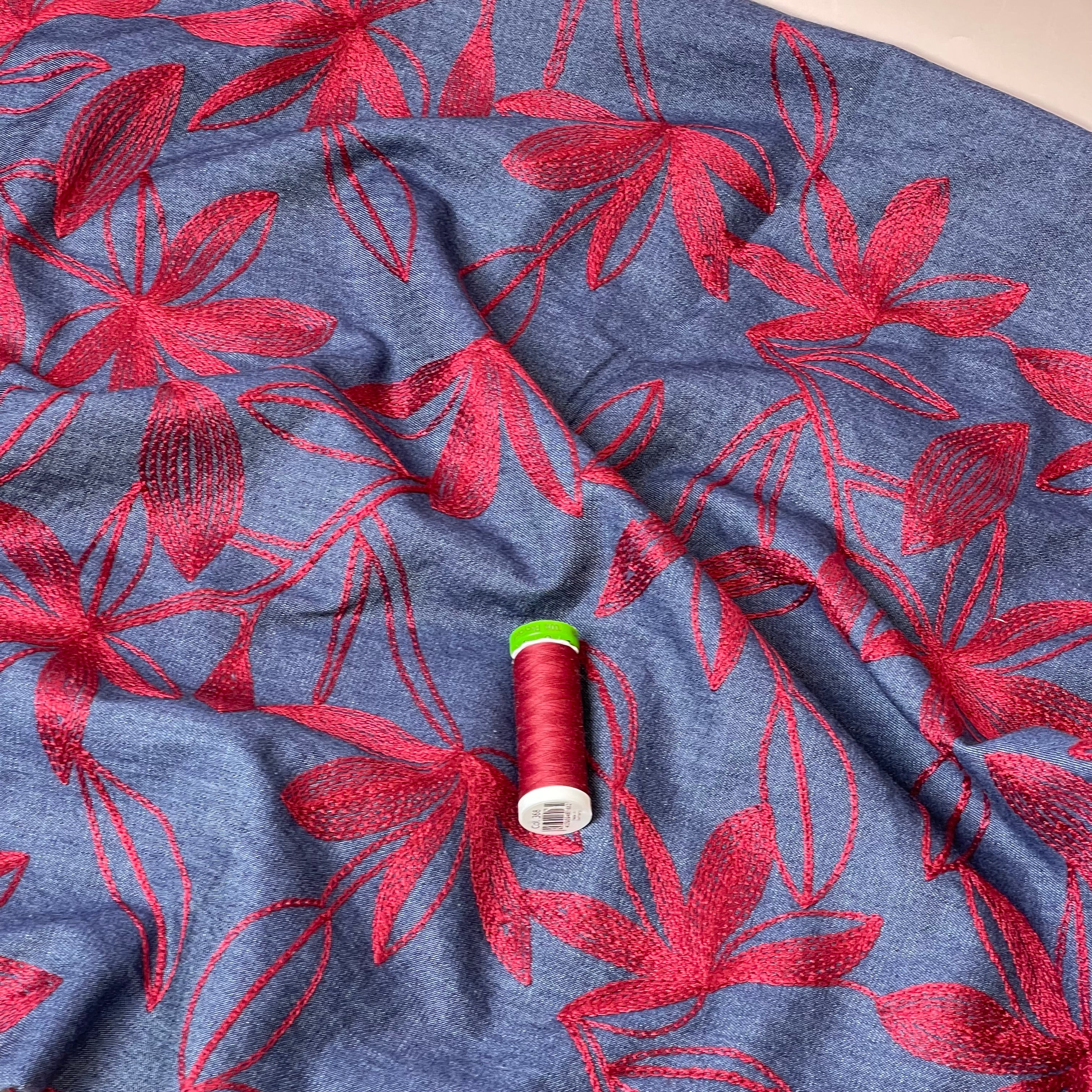 Denim with Burgundy Embroidered Flowers Cotton Fabric
