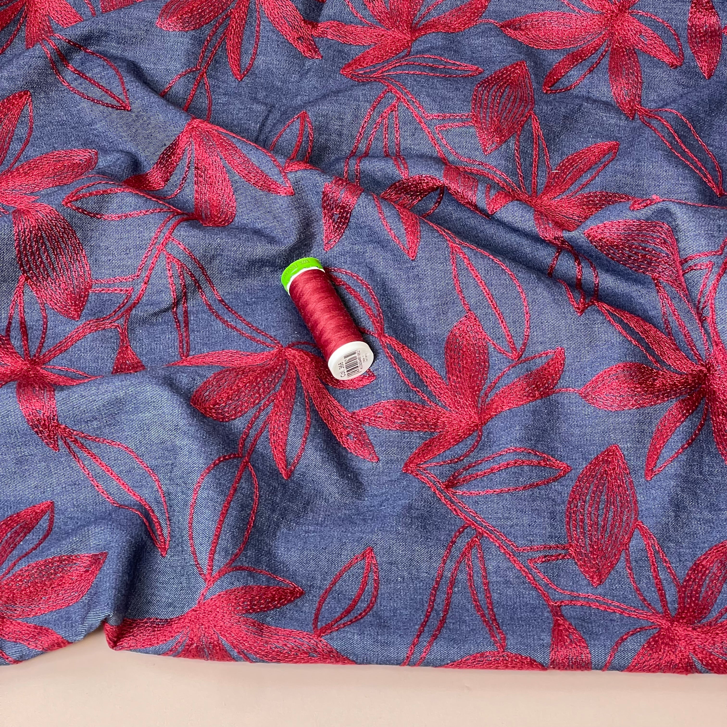 Denim with Burgundy Embroidered Flowers Cotton Fabric