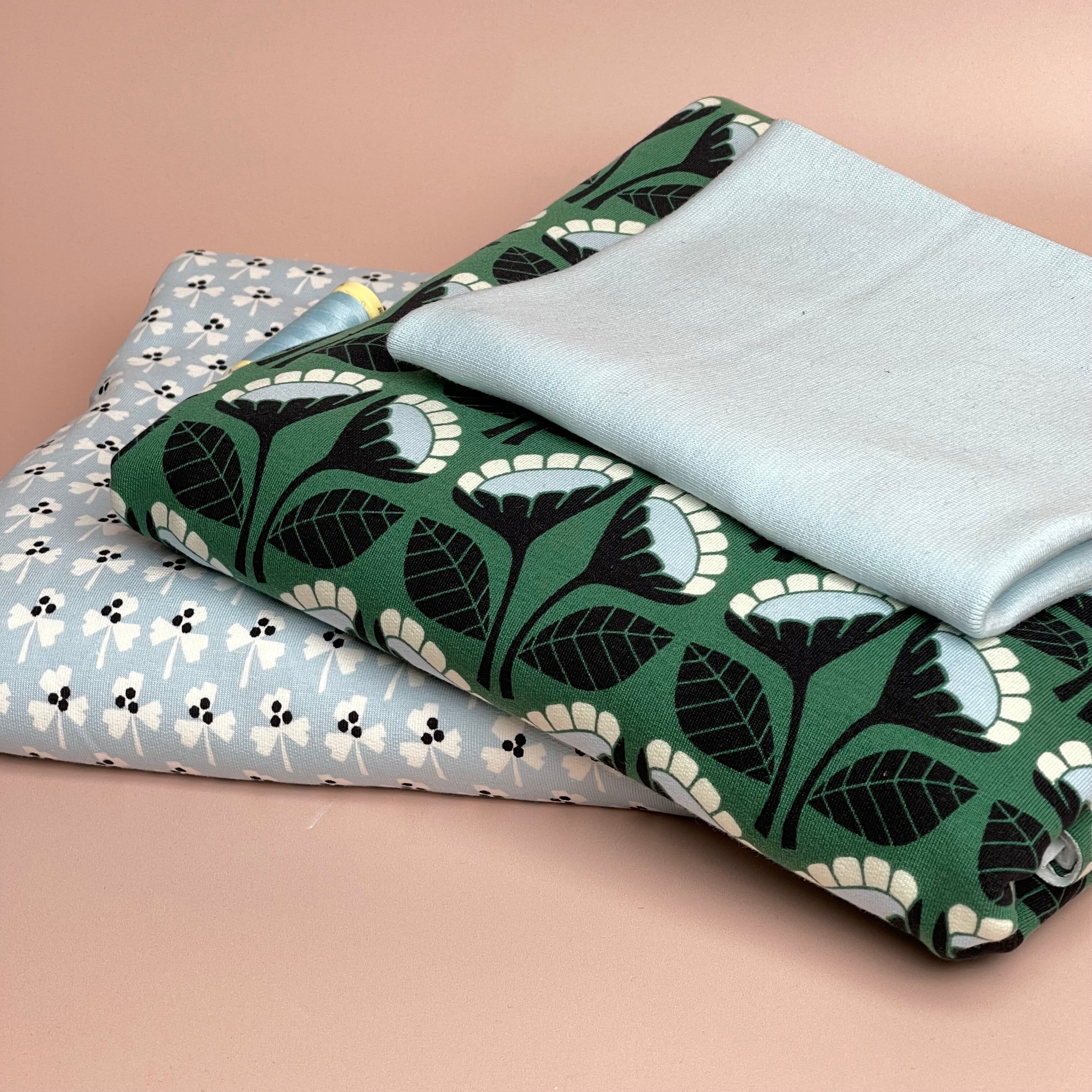 Colour Bundles - Monochrome Flowers Green & Blue Cotton French Terry and Ribbing