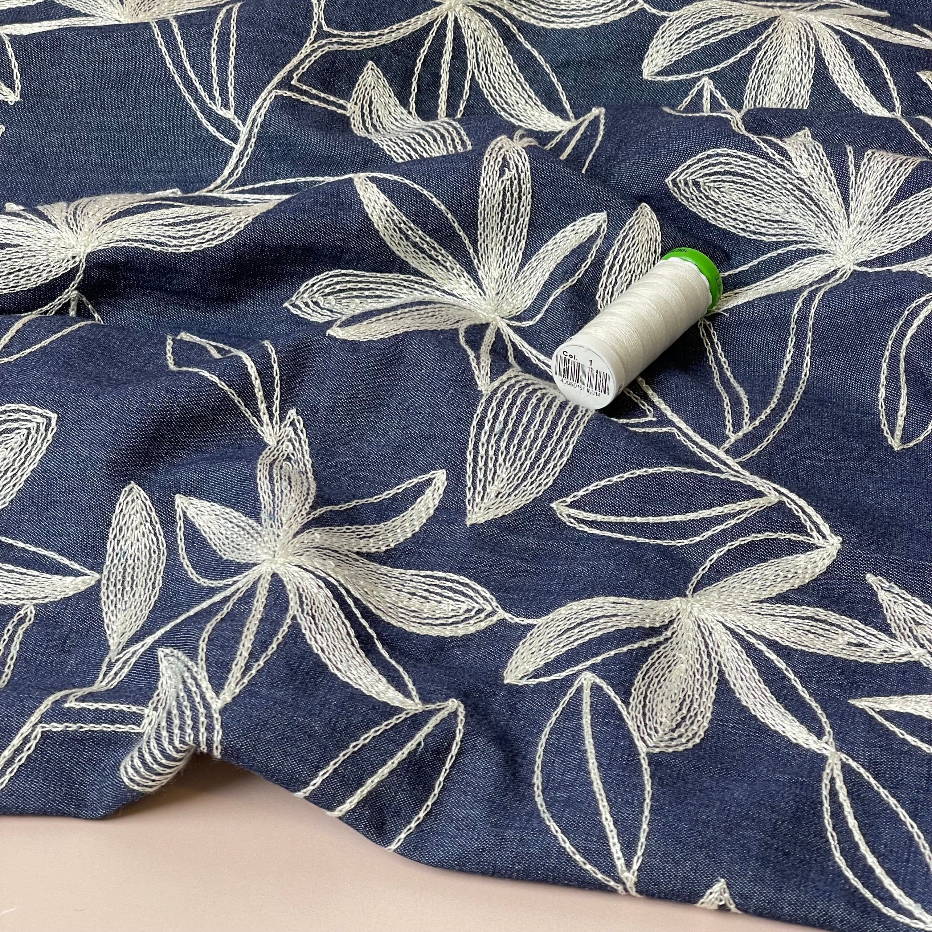 Denim with Off-White Embroidered Flowers Cotton Fabric