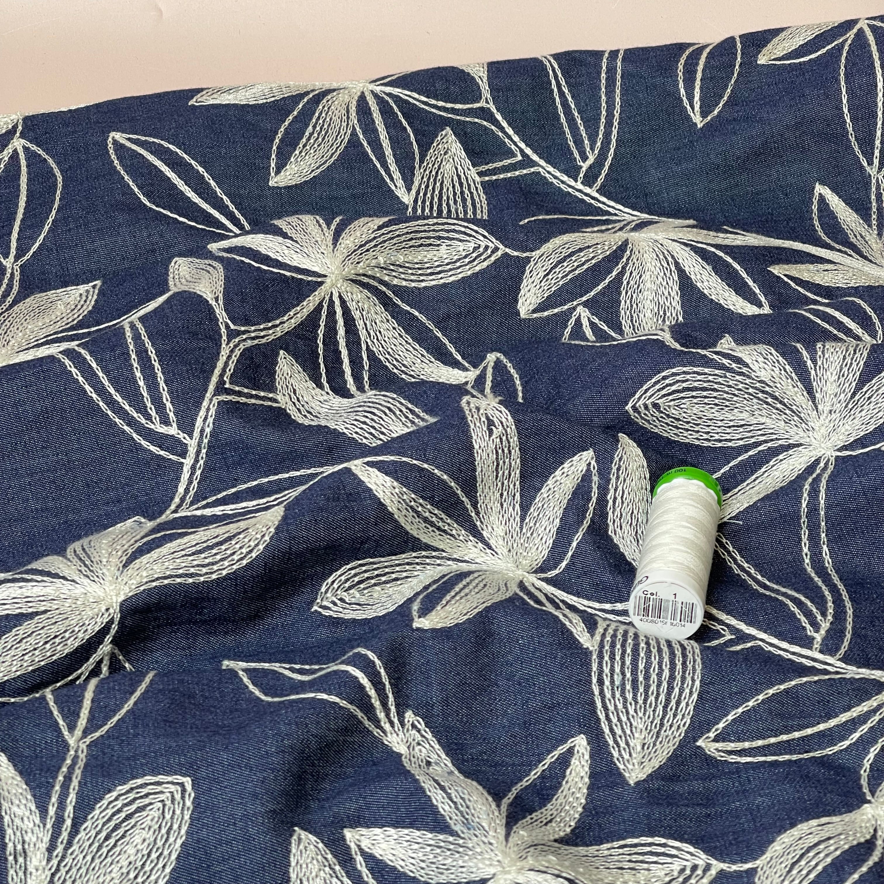Denim with Off-White Embroidered Flowers Cotton Fabric