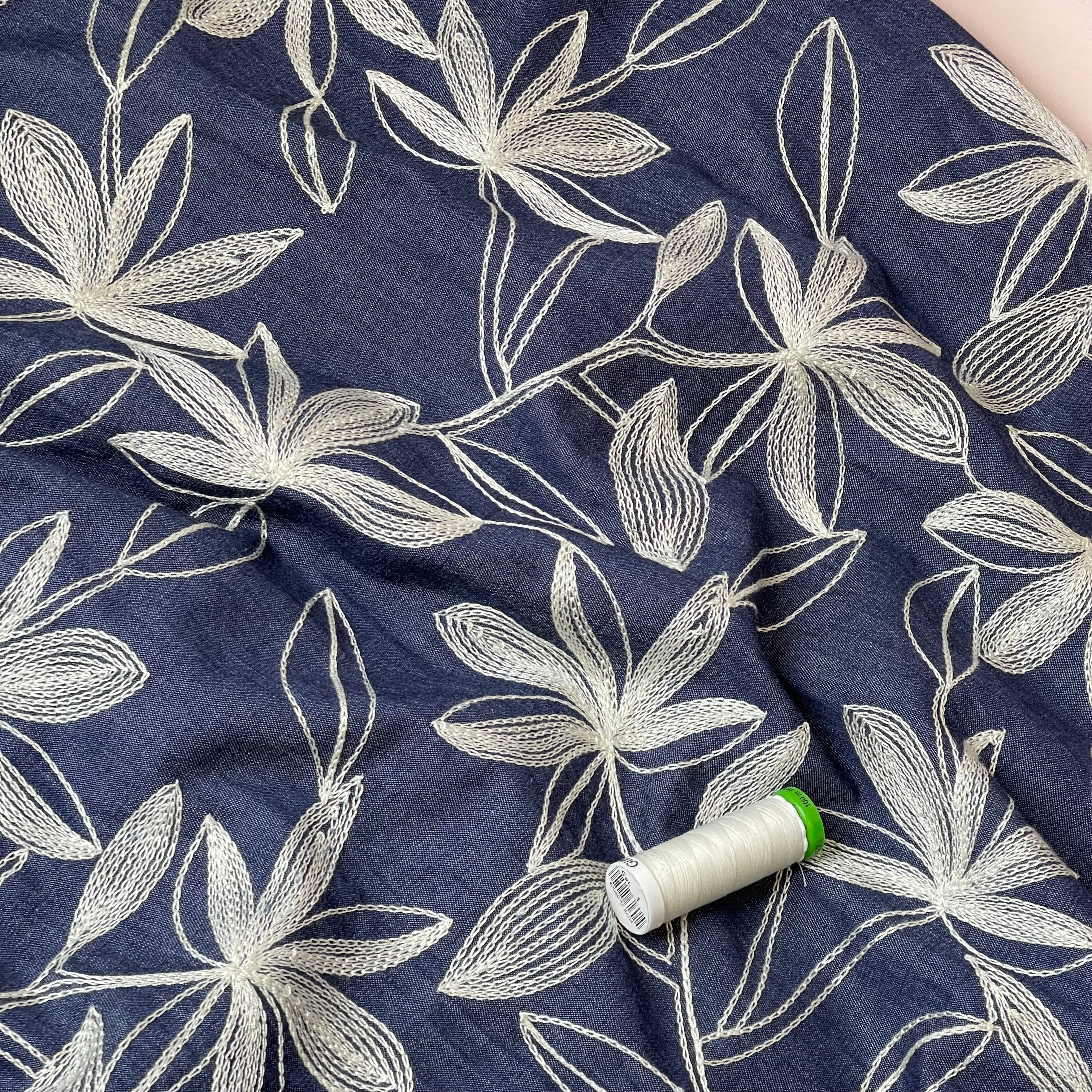 Denim with Off-White Embroidered Flowers Cotton Fabric