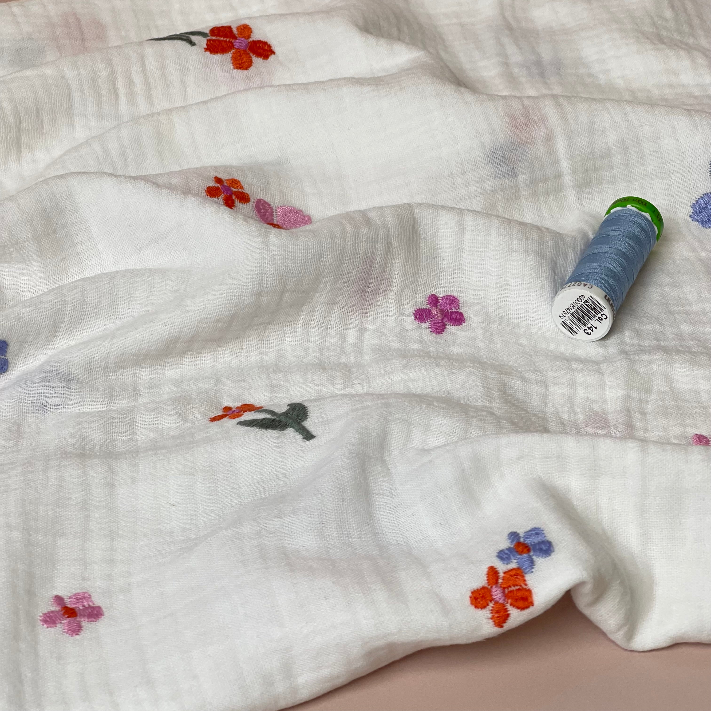 Embroidered Spring Flowers on White Cotton Double Gauze