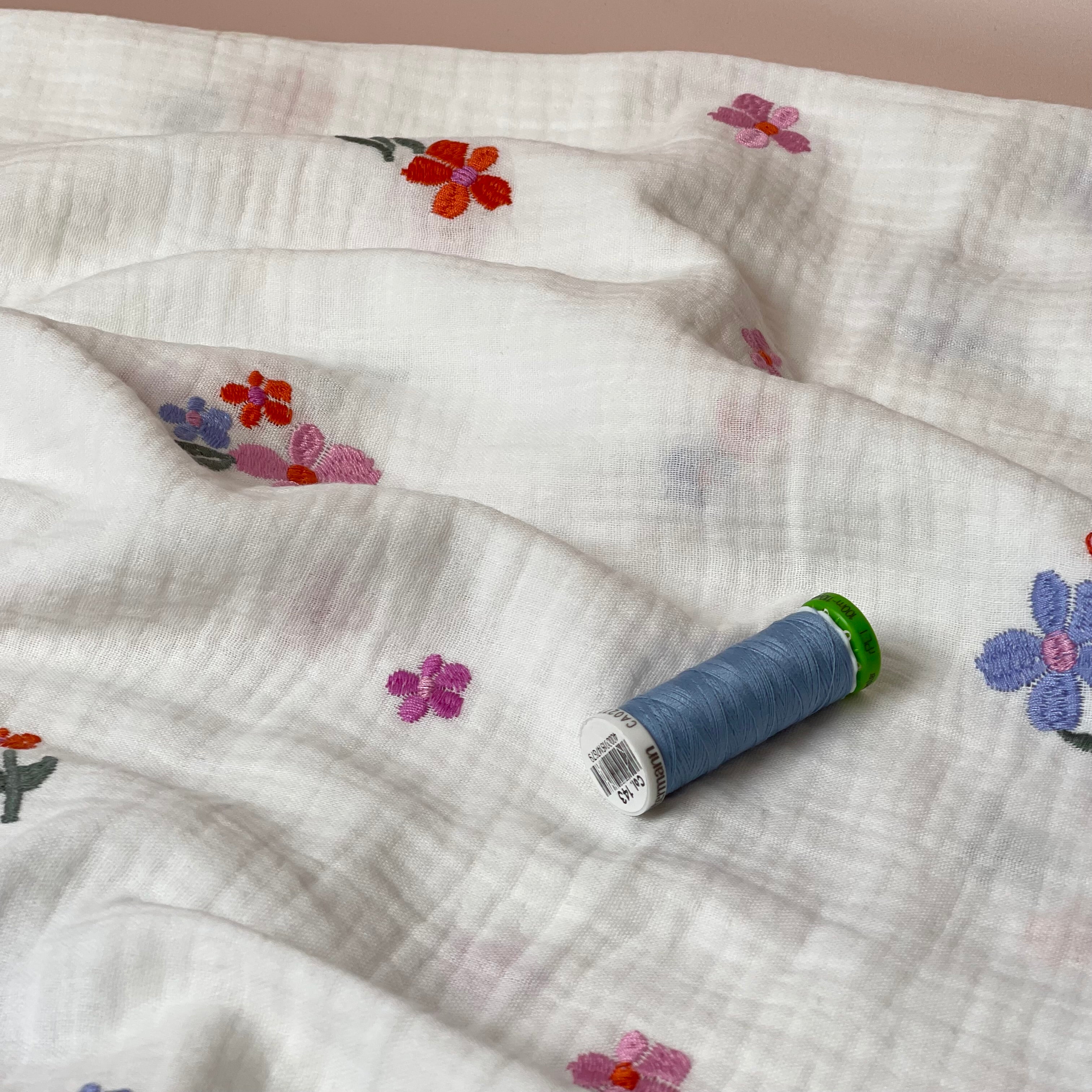 Embroidered Spring Flowers on White Cotton Double Gauze