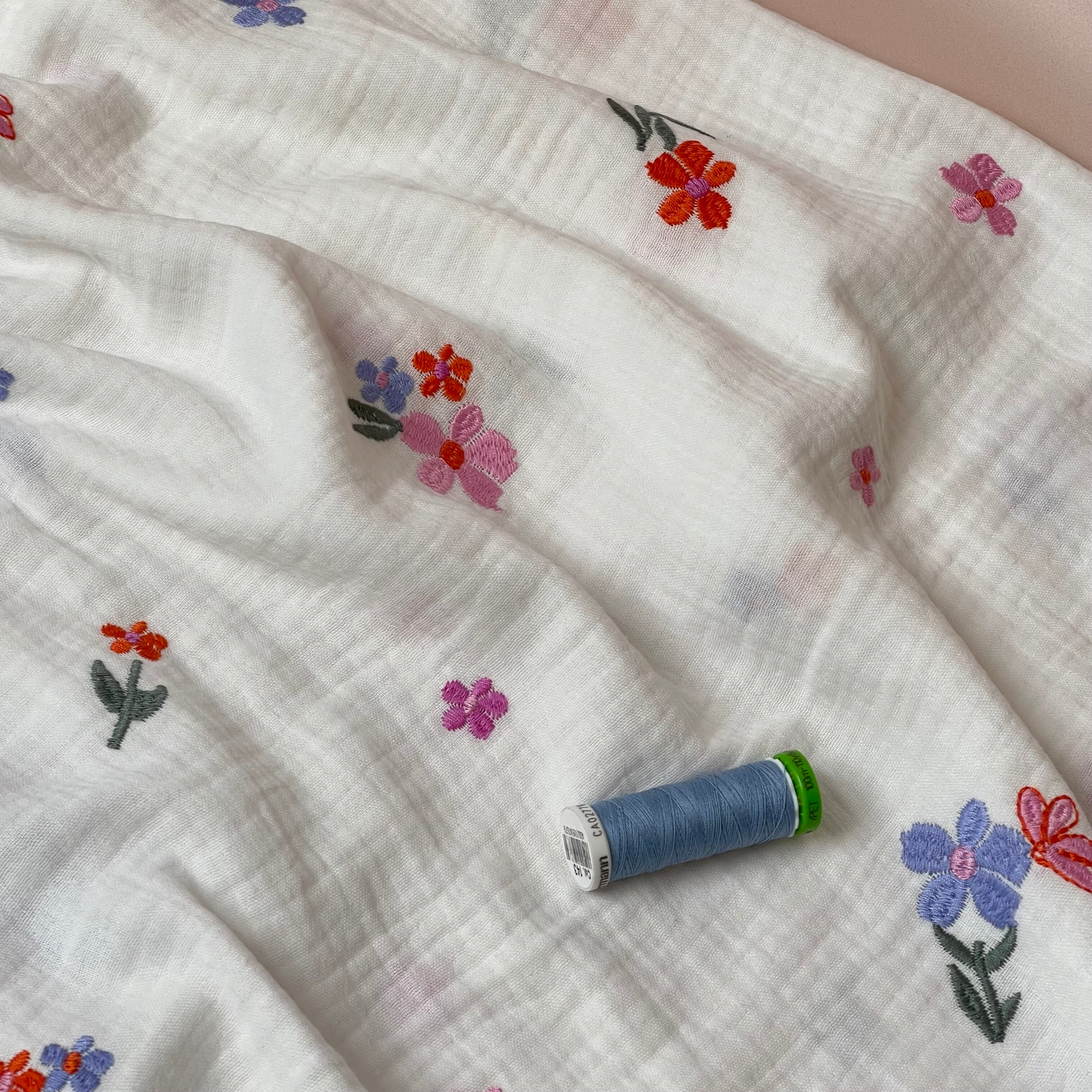 Embroidered Spring Flowers on White Cotton Double Gauze