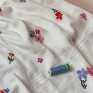 Embroidered Spring Flowers on White Cotton Double Gauze