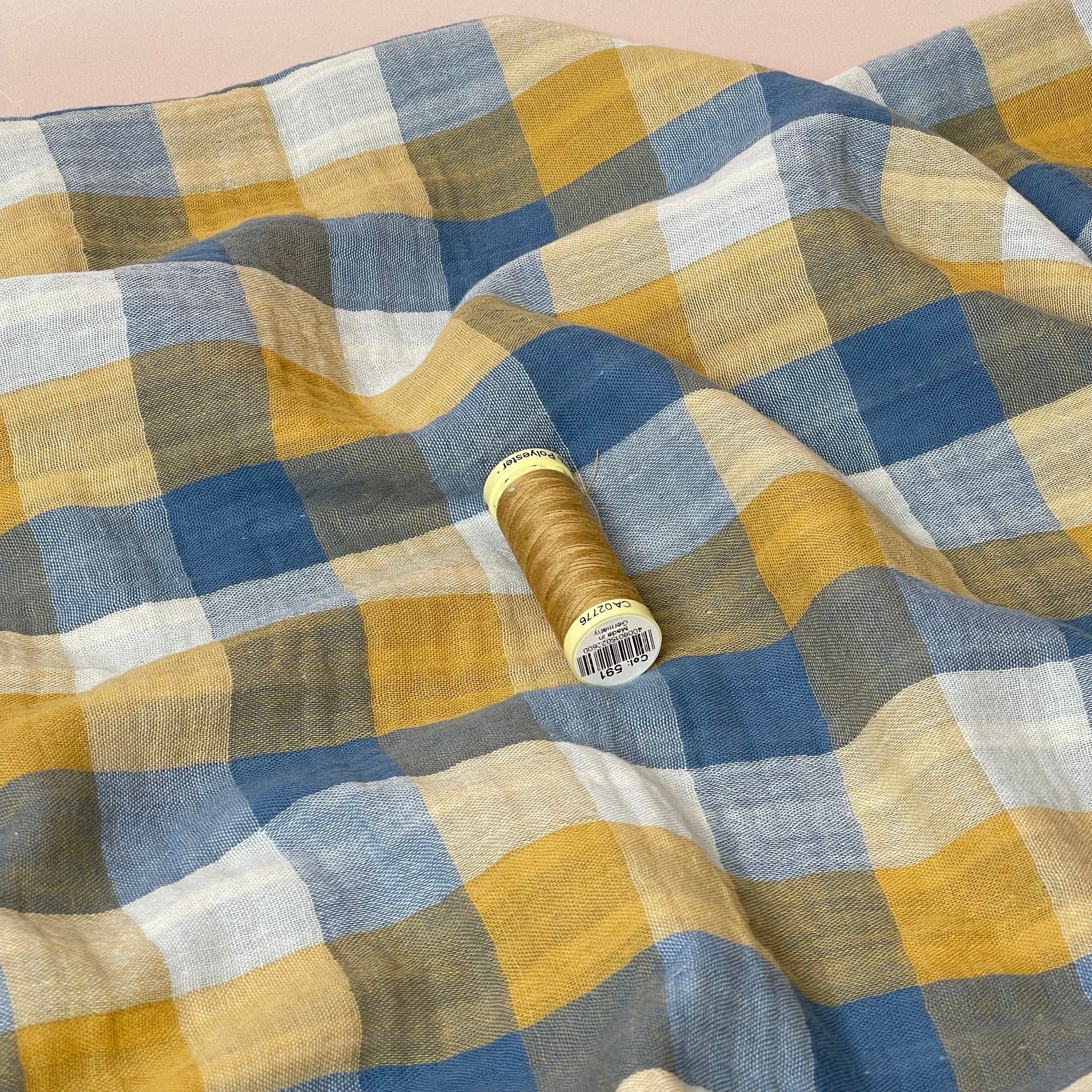 Reversible Blue & Mustard Checked Cotton Double Gauze