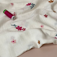 Embroidered Autumn Flowers on White Cotton Double Gauze