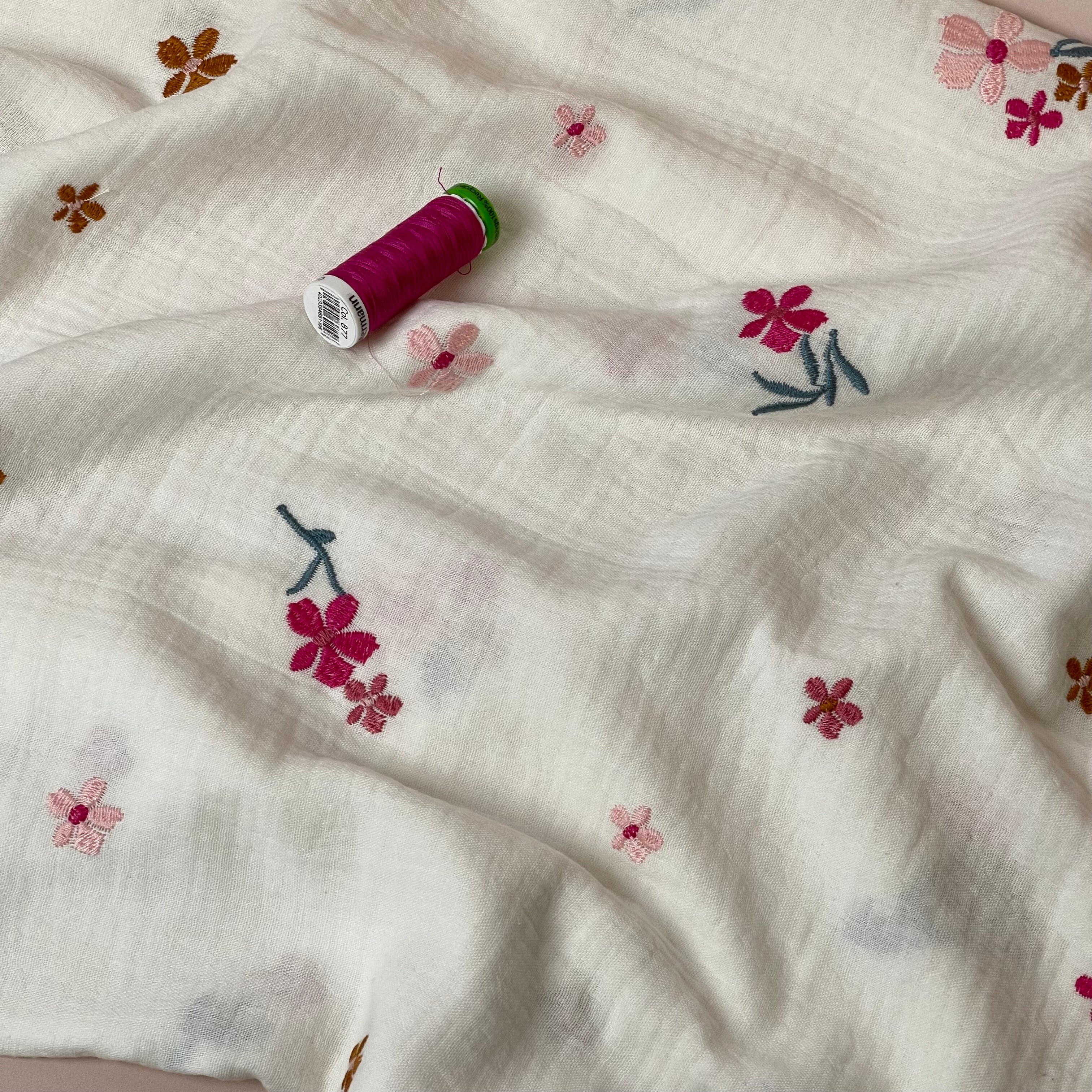 Embroidered Autumn Flowers on White Cotton Double Gauze