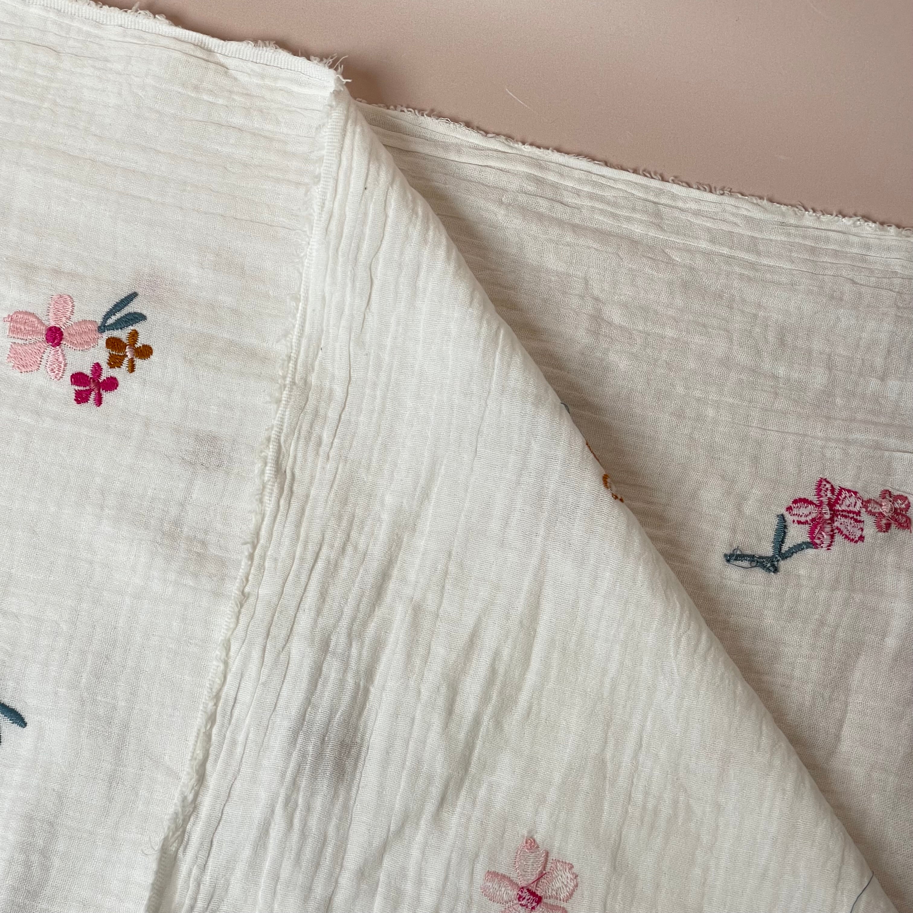 Embroidered Autumn Flowers on White Cotton Double Gauze
