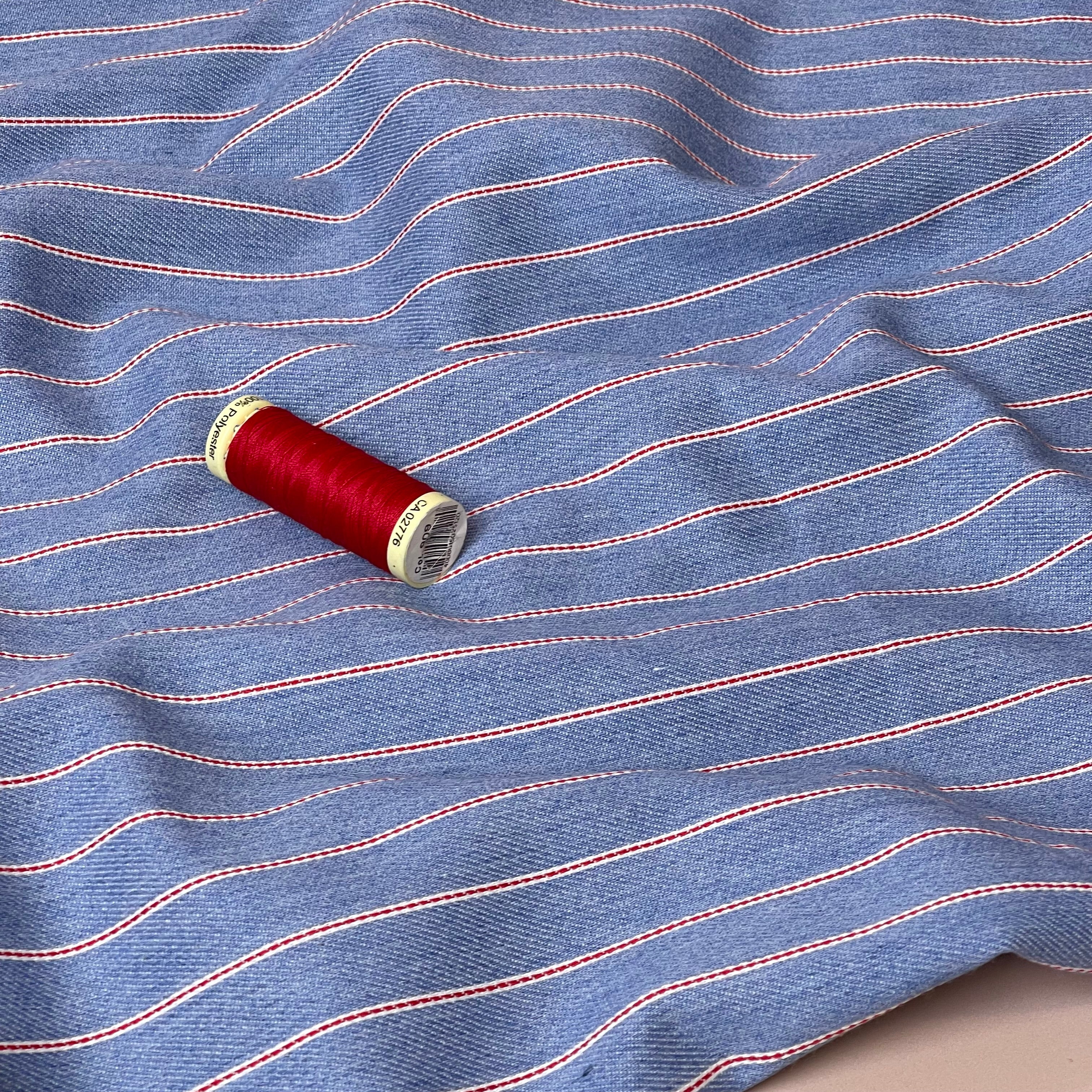 Small Stripe on Light Blue Denim Fabric