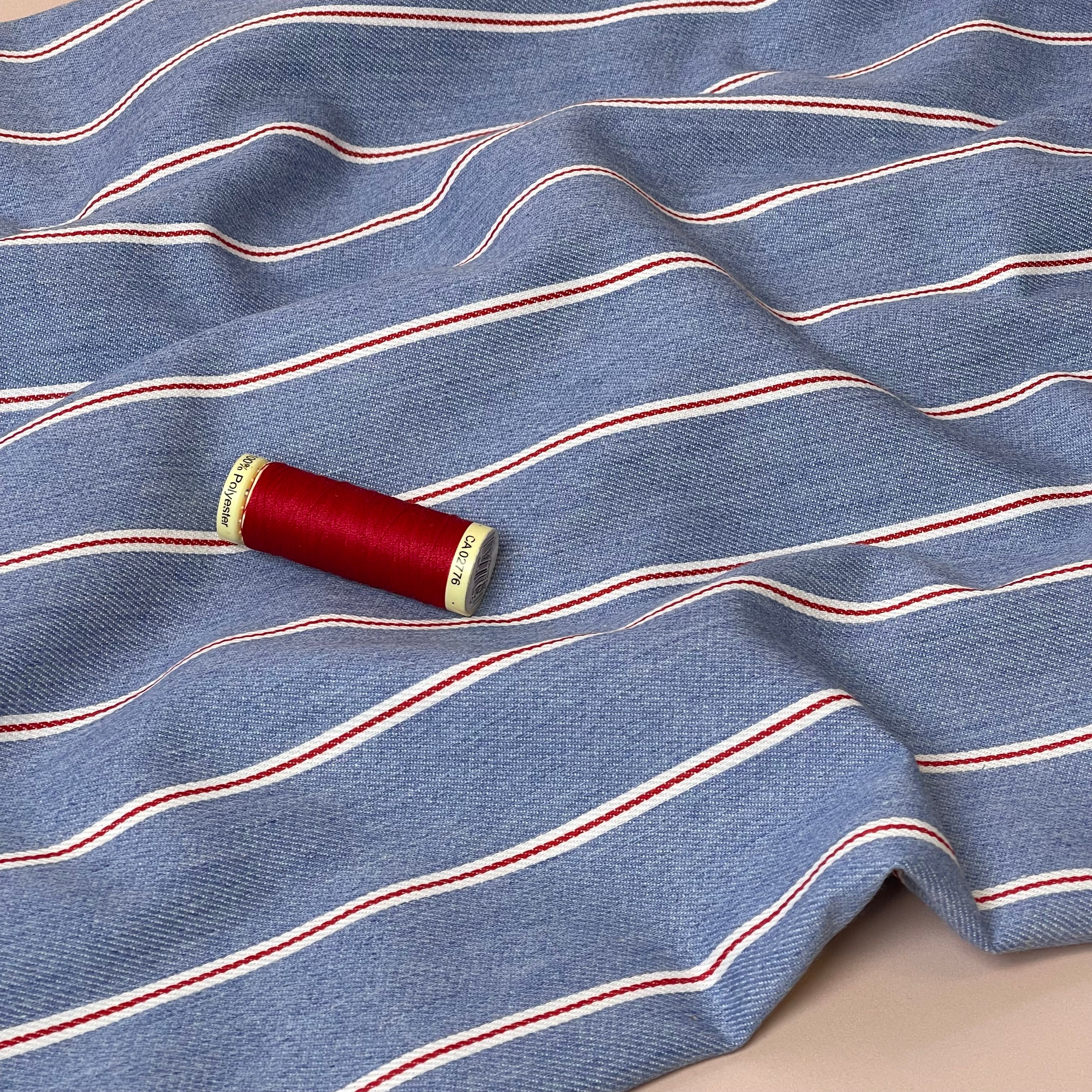 Wide Stripe on Light Blue Denim Fabric