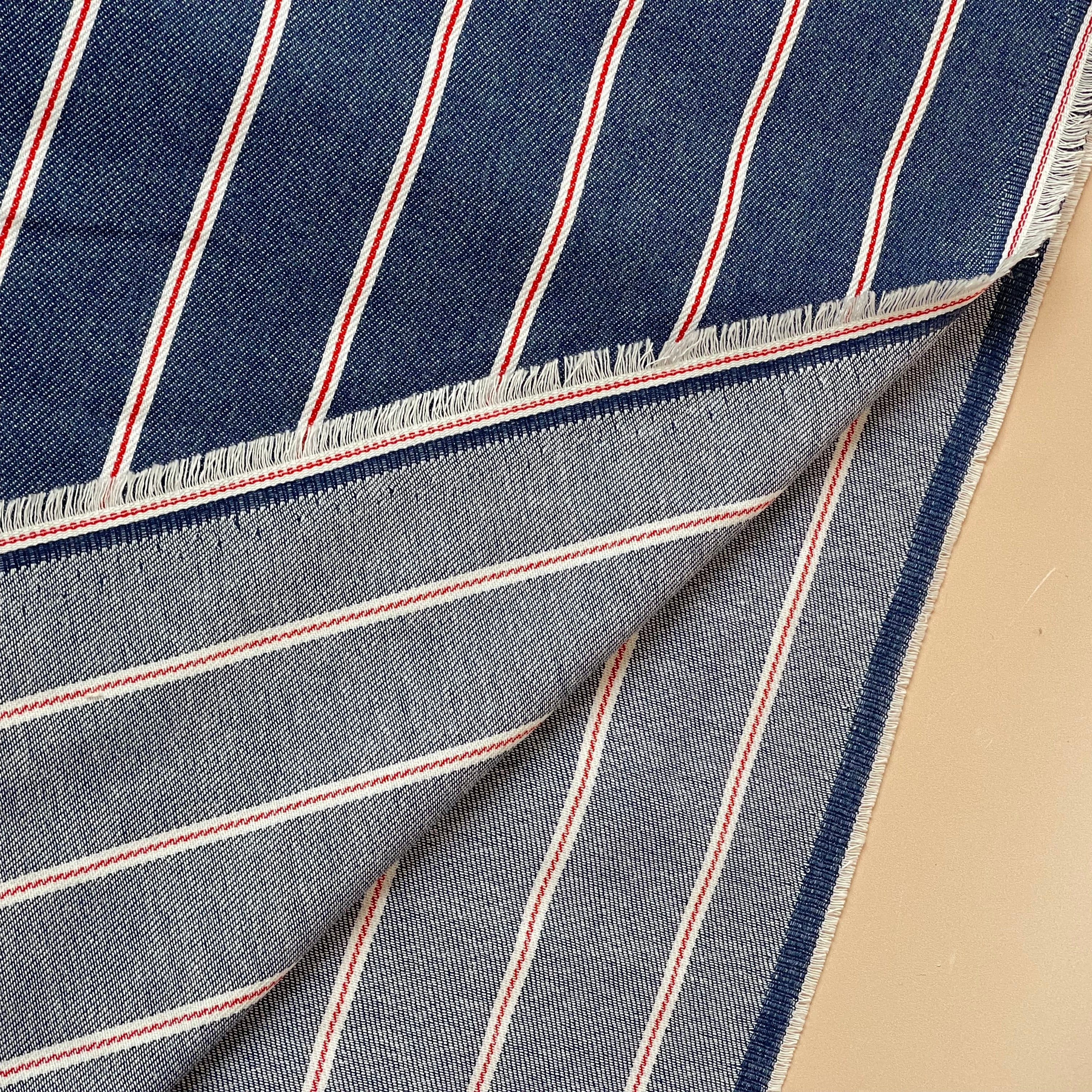 Wide Red Stripes on Blue Denim Fabric