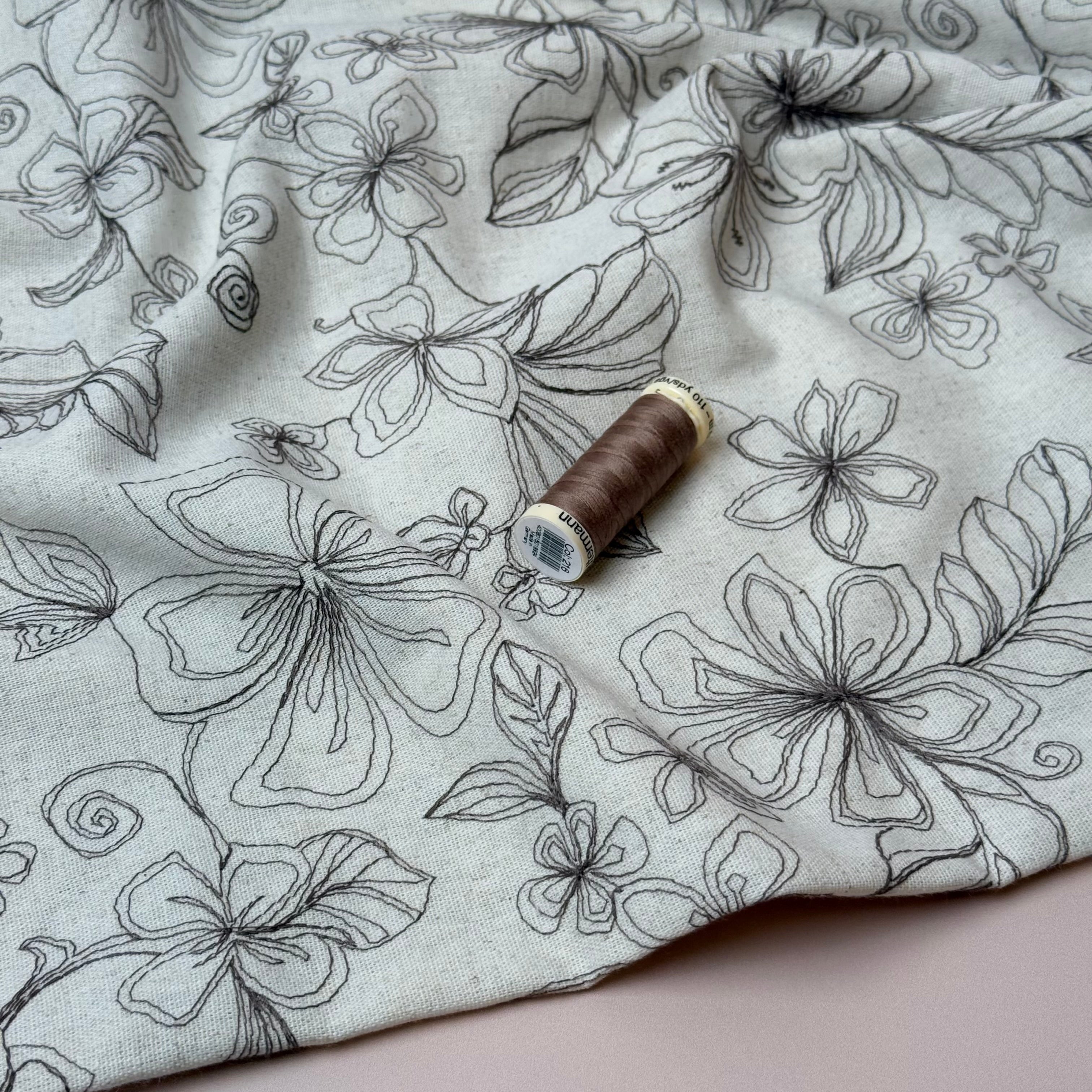 Embroidered Brown Flowers on Natural Viscose Linen Blend Fabric