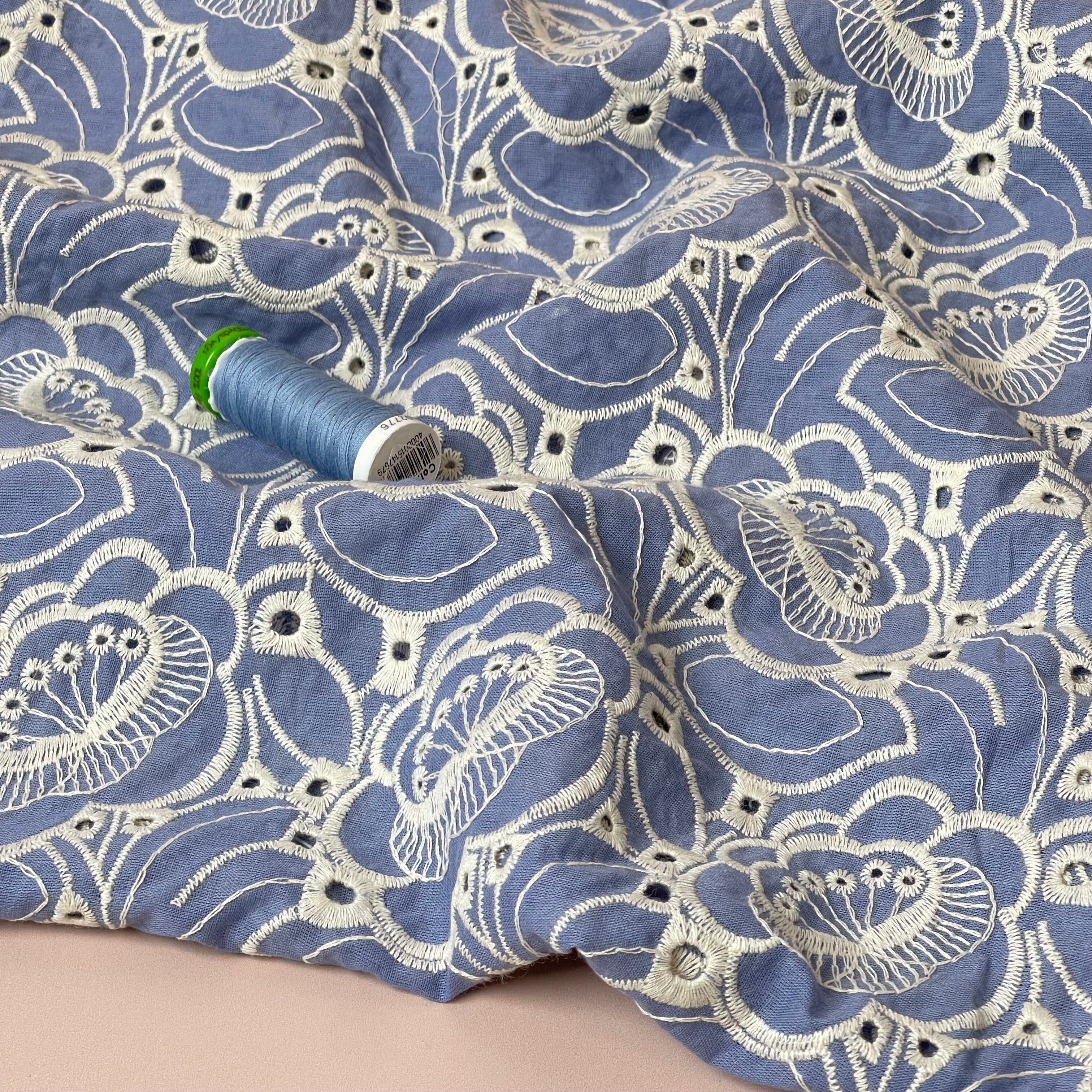 Embroidered Flowers Blue Cotton Fabric