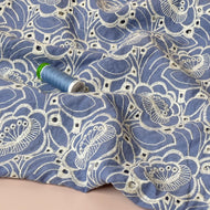 Embroidered Flowers Blue Cotton Fabric