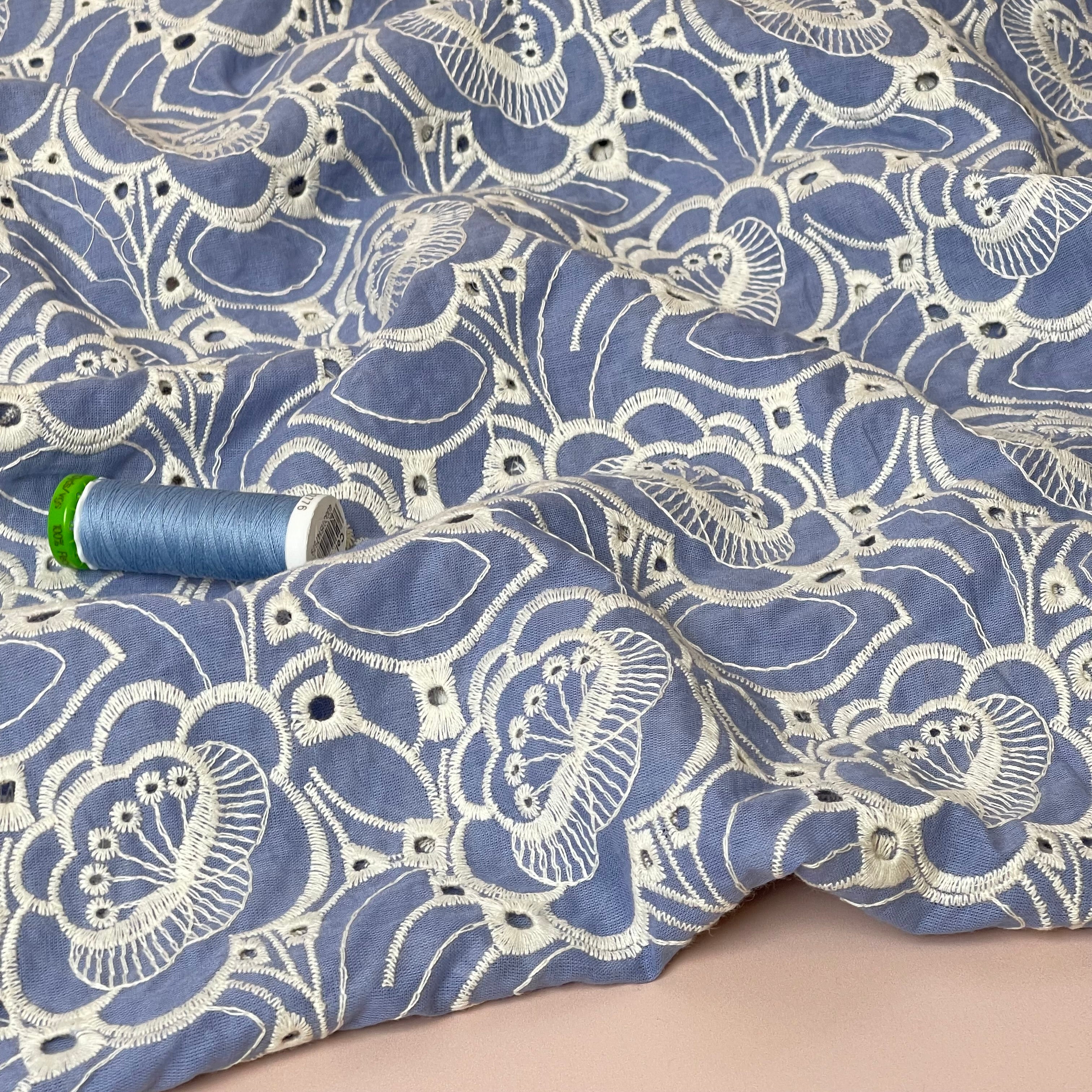 Embroidered Flowers Blue Cotton Fabric