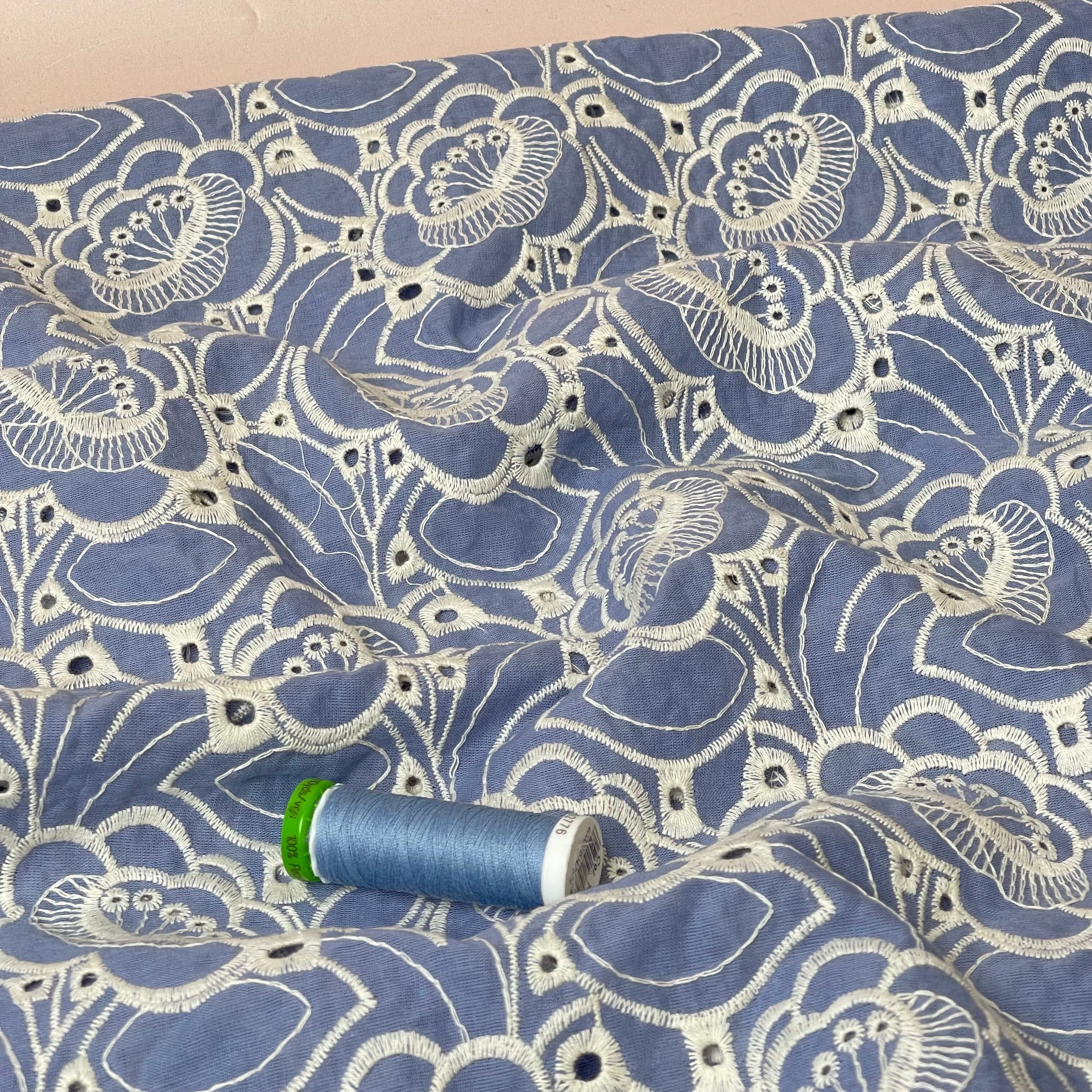 Embroidered Flowers Blue Cotton Fabric