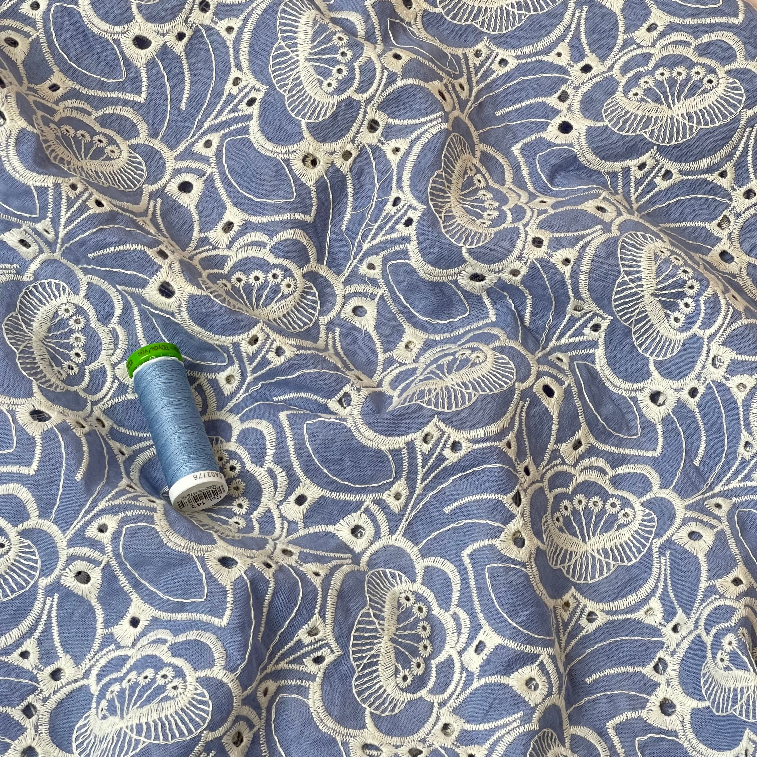 Embroidered Flowers Blue Cotton Fabric