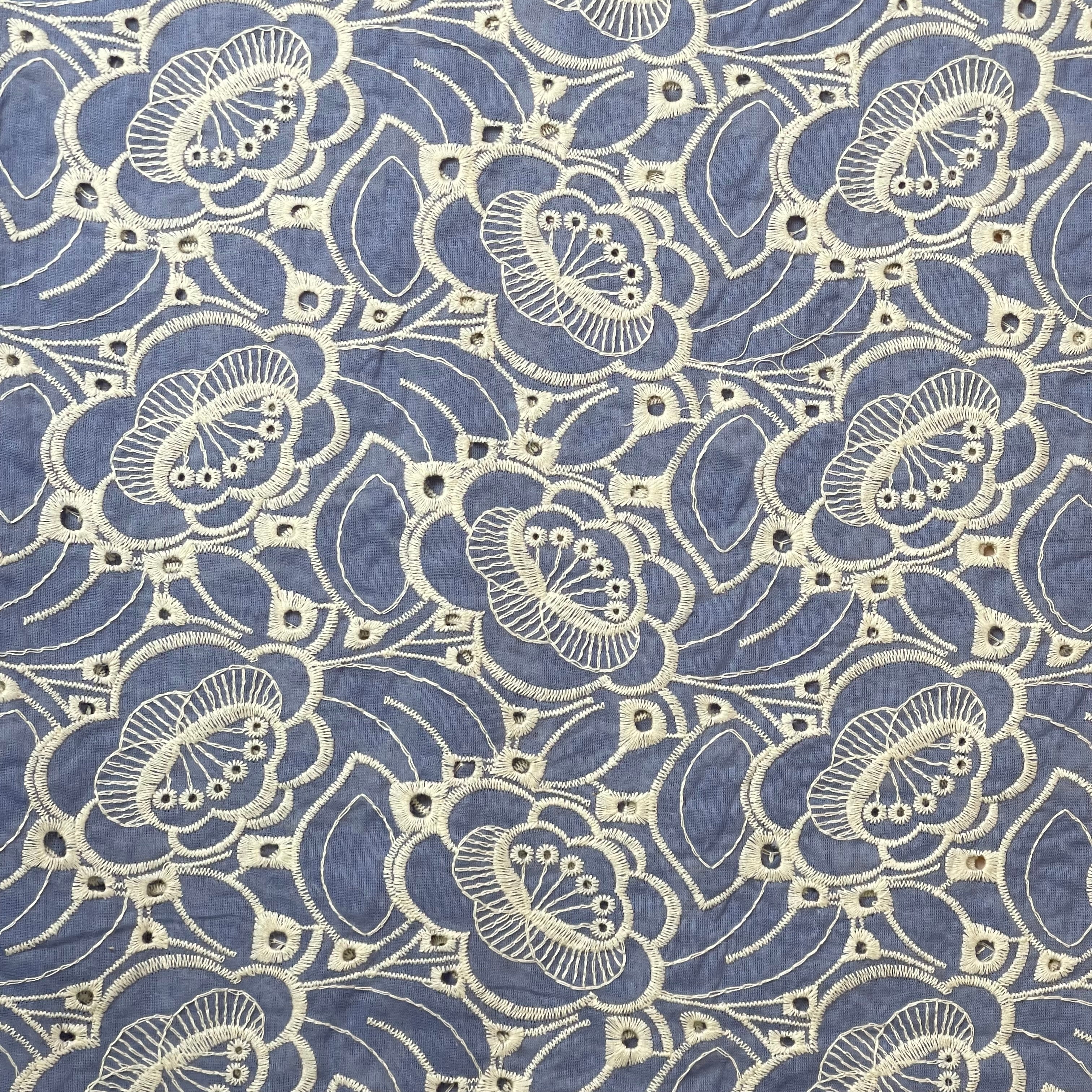 Embroidered Flowers Blue Cotton Fabric