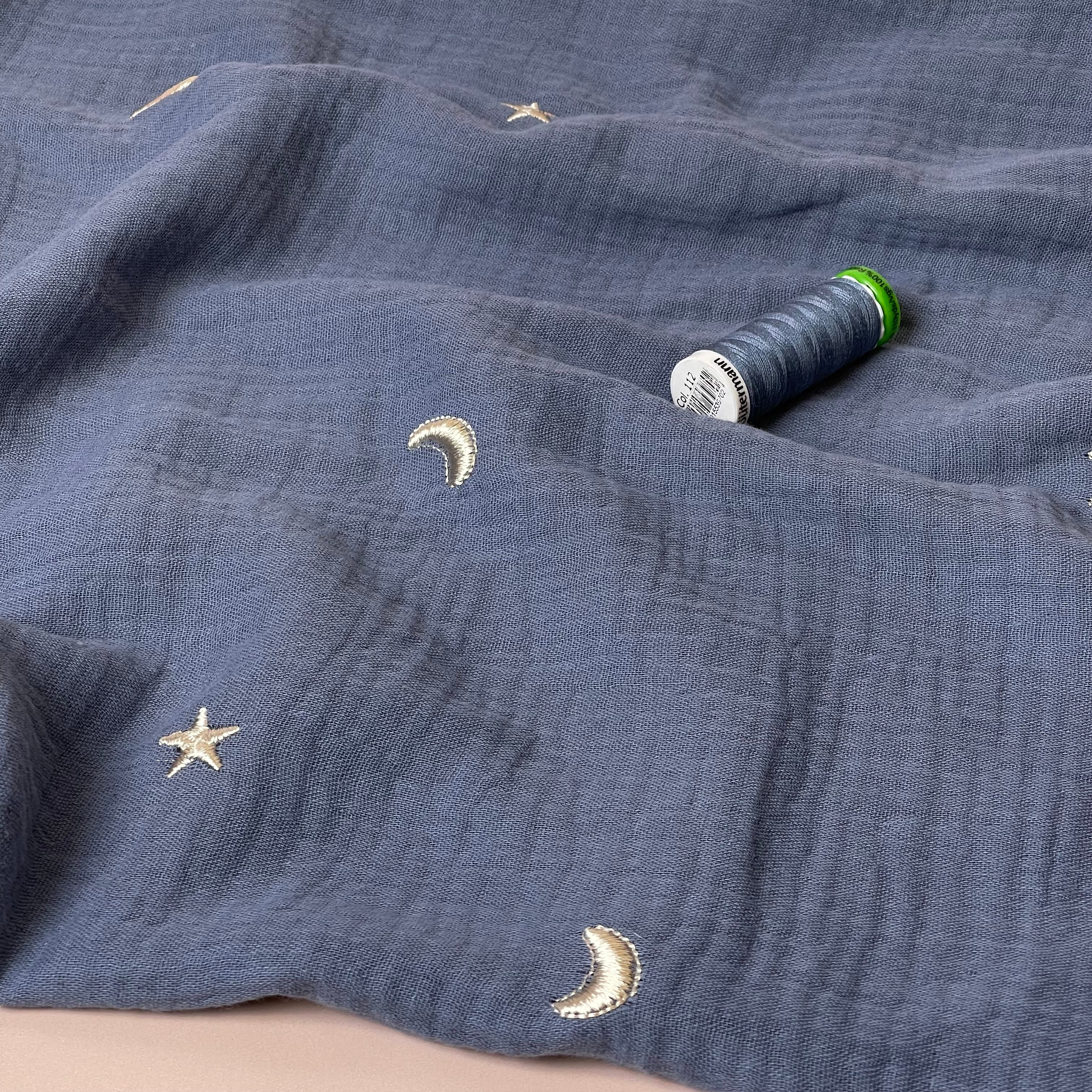 Embroidered Metallic Moon and Stars on Dusty Blue Cotton Double Gauze