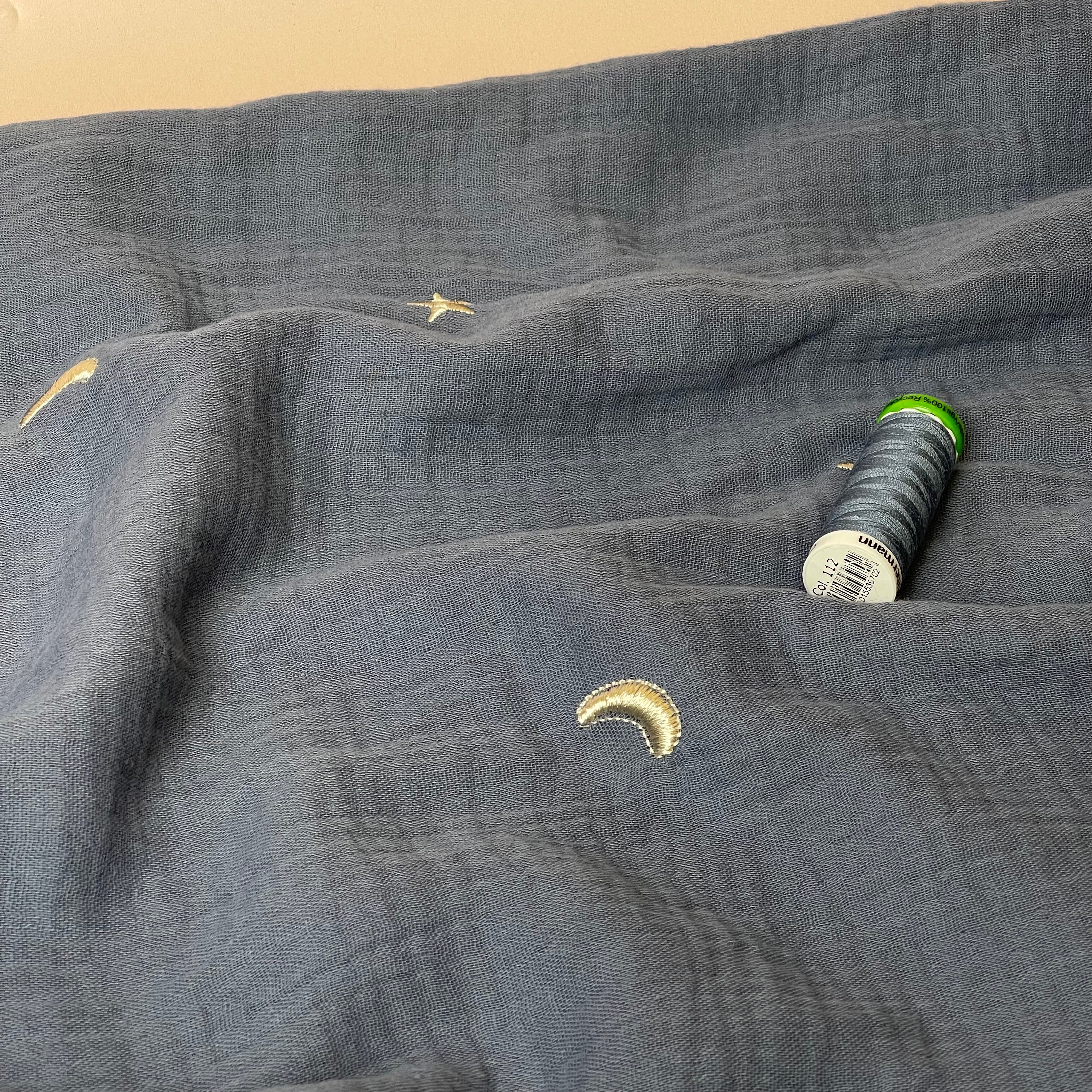 Embroidered Metallic Moon and Stars on Dusty Blue Cotton Double Gauze