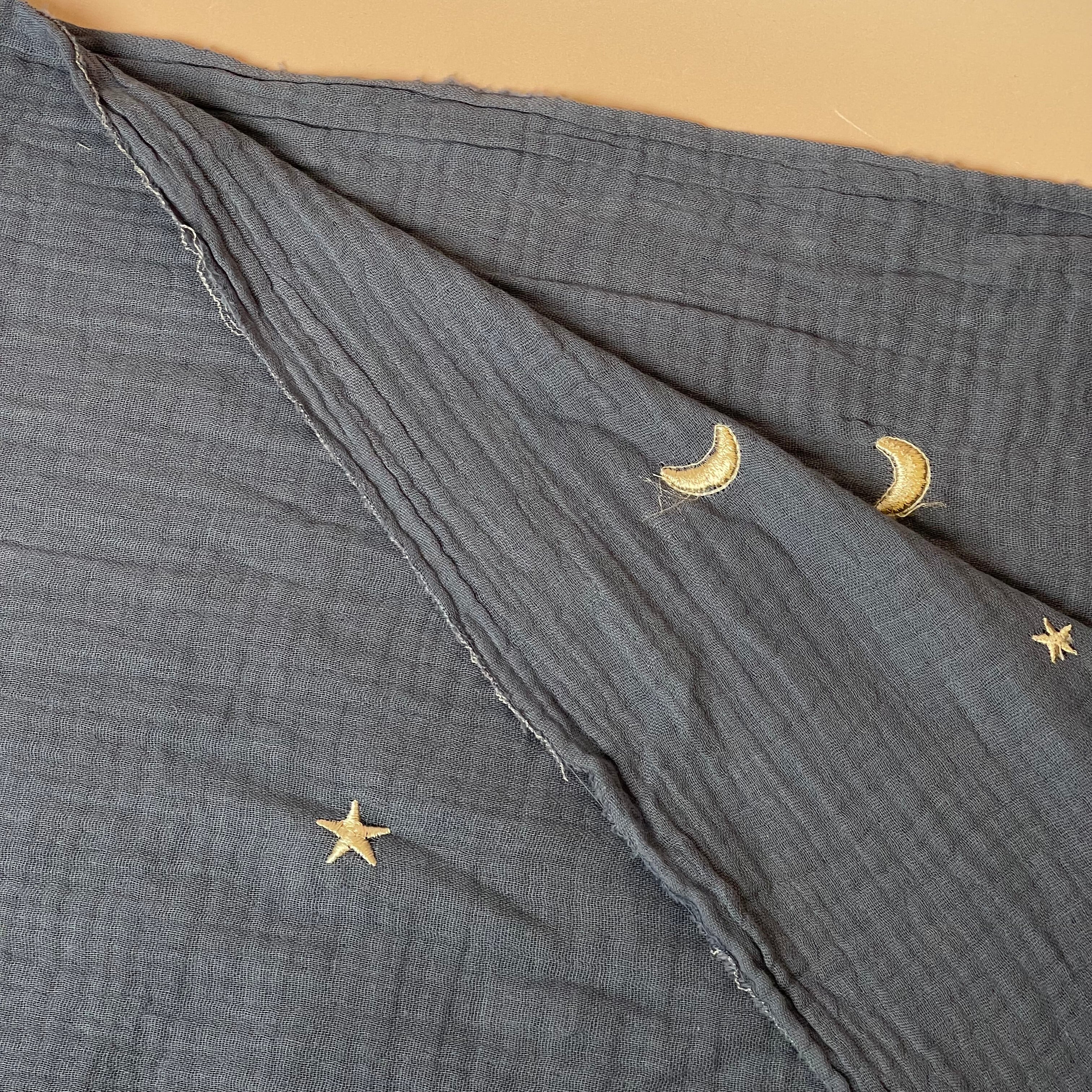 Embroidered Metallic Moon and Stars on Dusty Blue Cotton Double Gauze