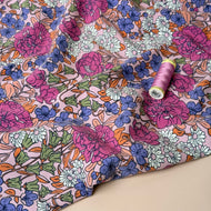 Flower Garden Blue Cotton Jersey Fabric
