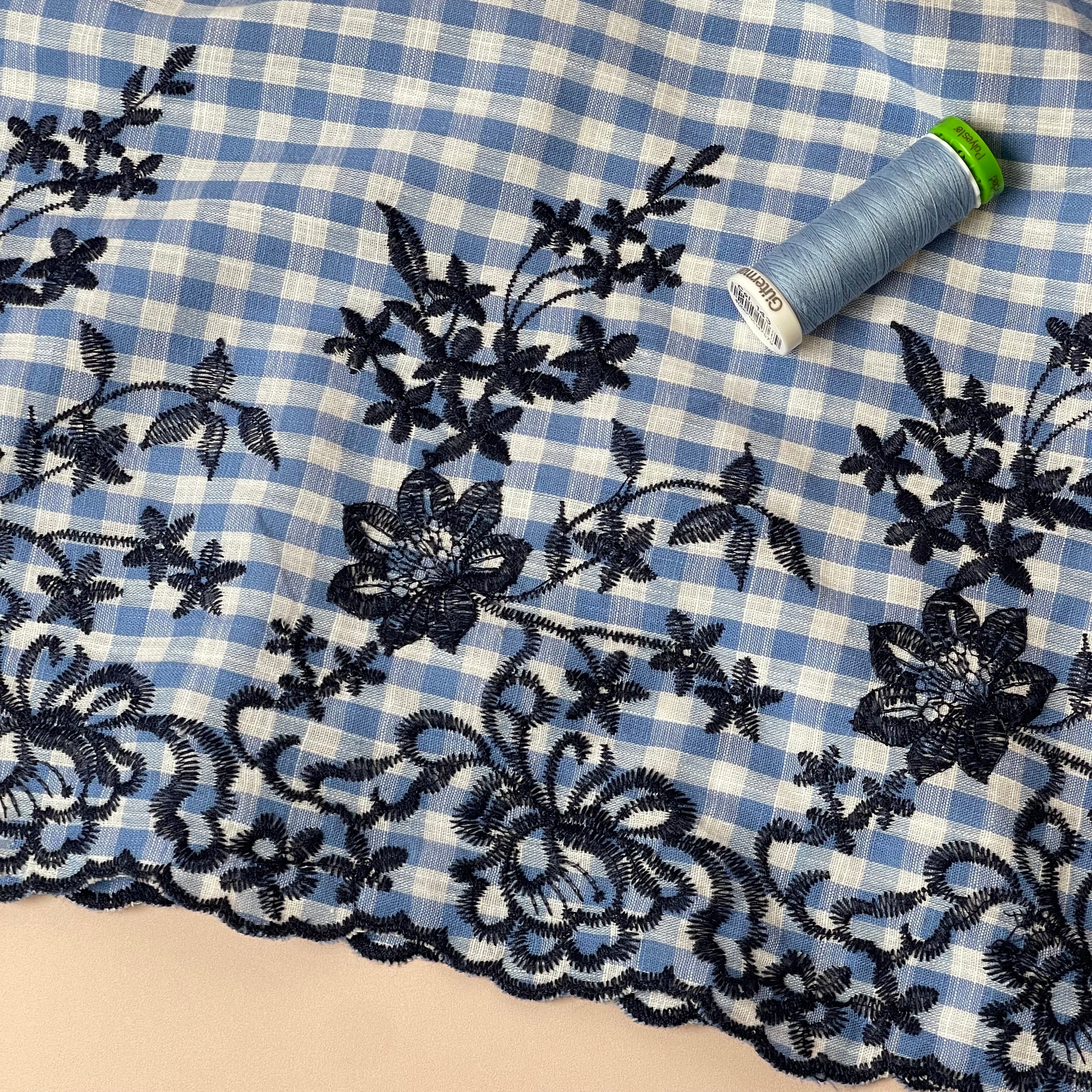 Scalloped Embroidered Blue Gingham Cotton Fabric
