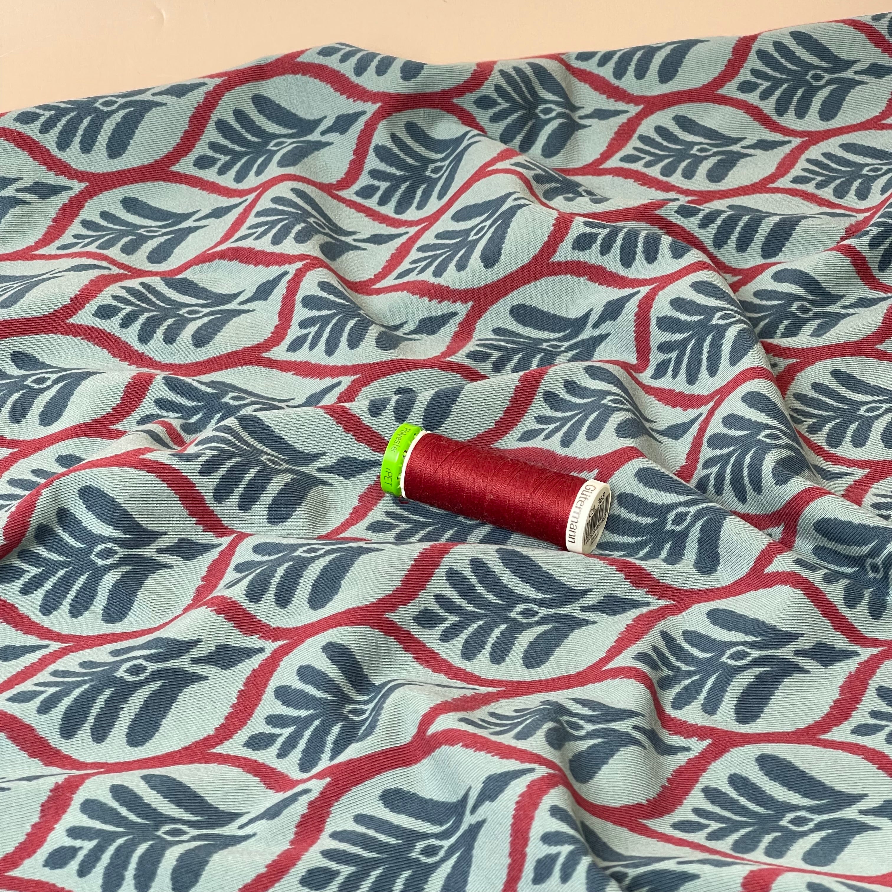 Leaf Stamps in Blue Cotton Jersey Fabric