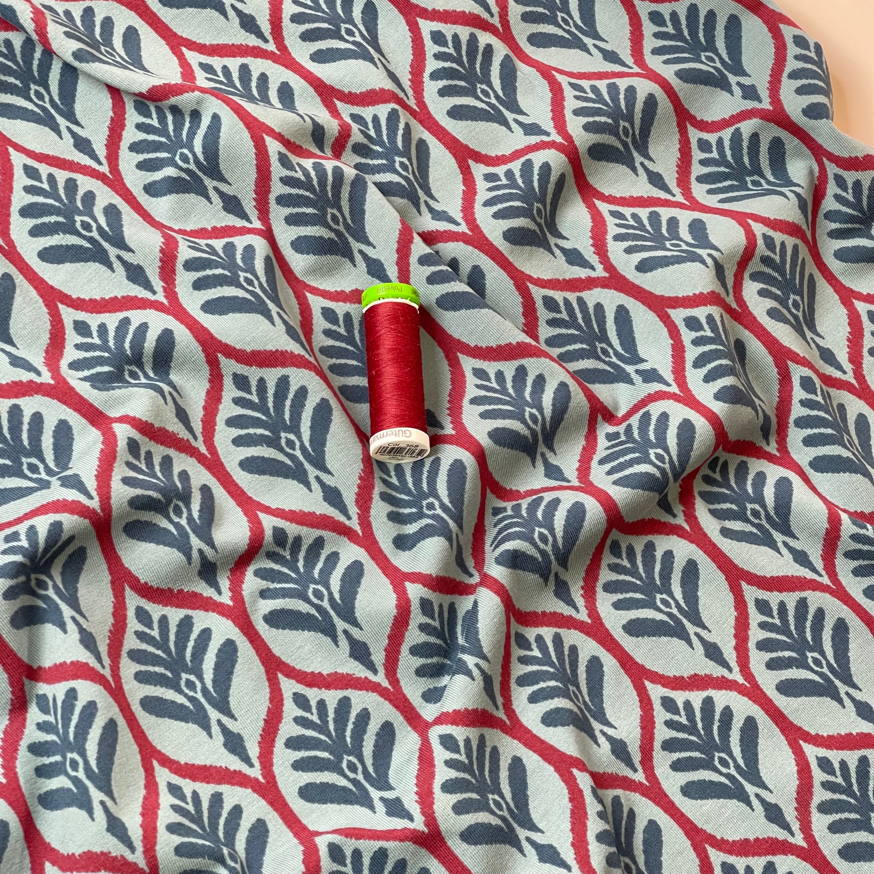 Leaf Stamps in Blue Cotton Jersey Fabric